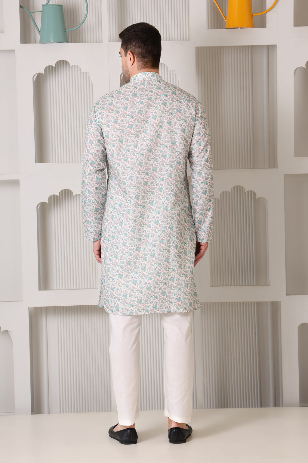 Pastel Floral Printed White and Green Cotton Kurta Set with White Pajama