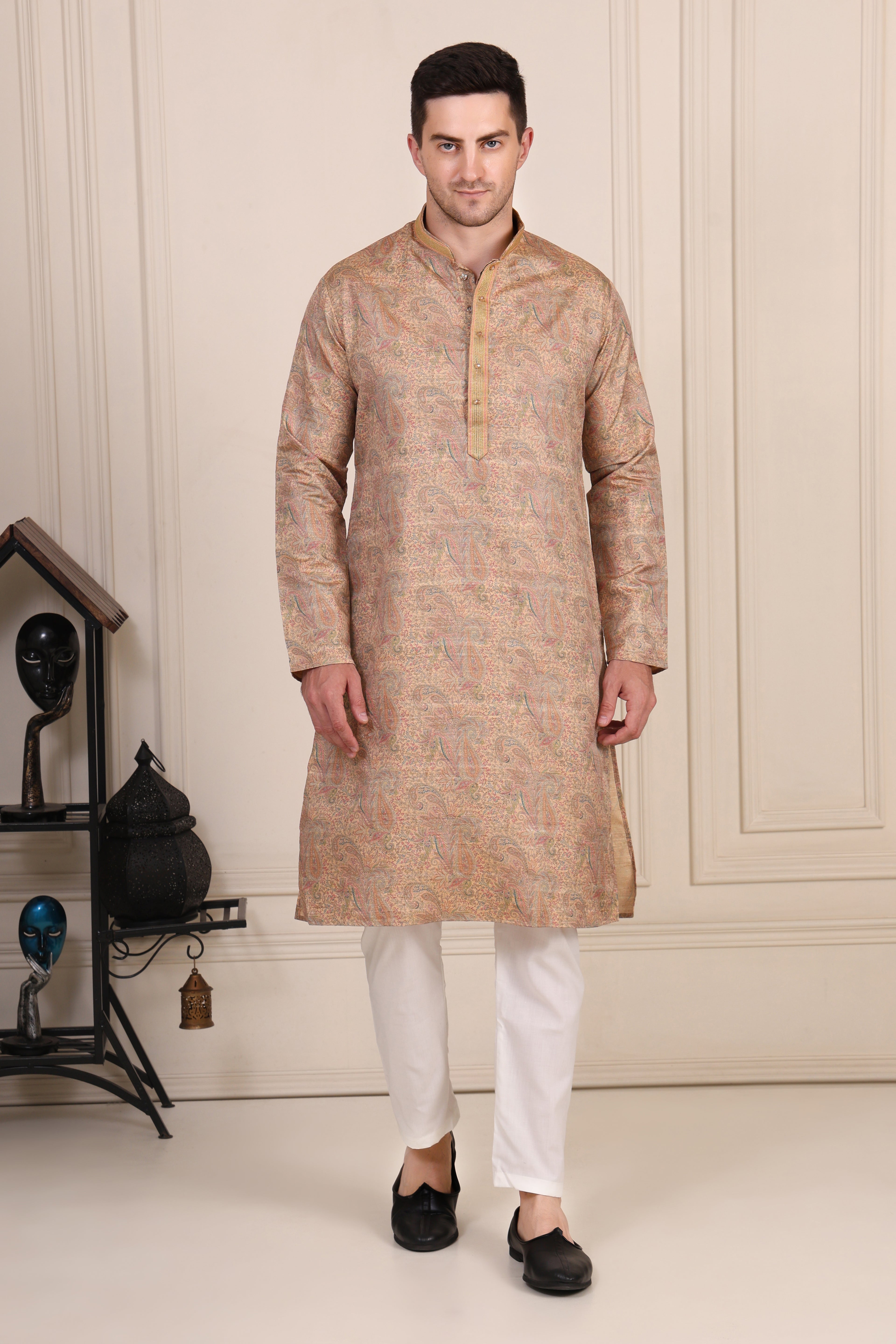 Golden Beige Paisley Printed Silk-Blend Kurta Set with White Pajama