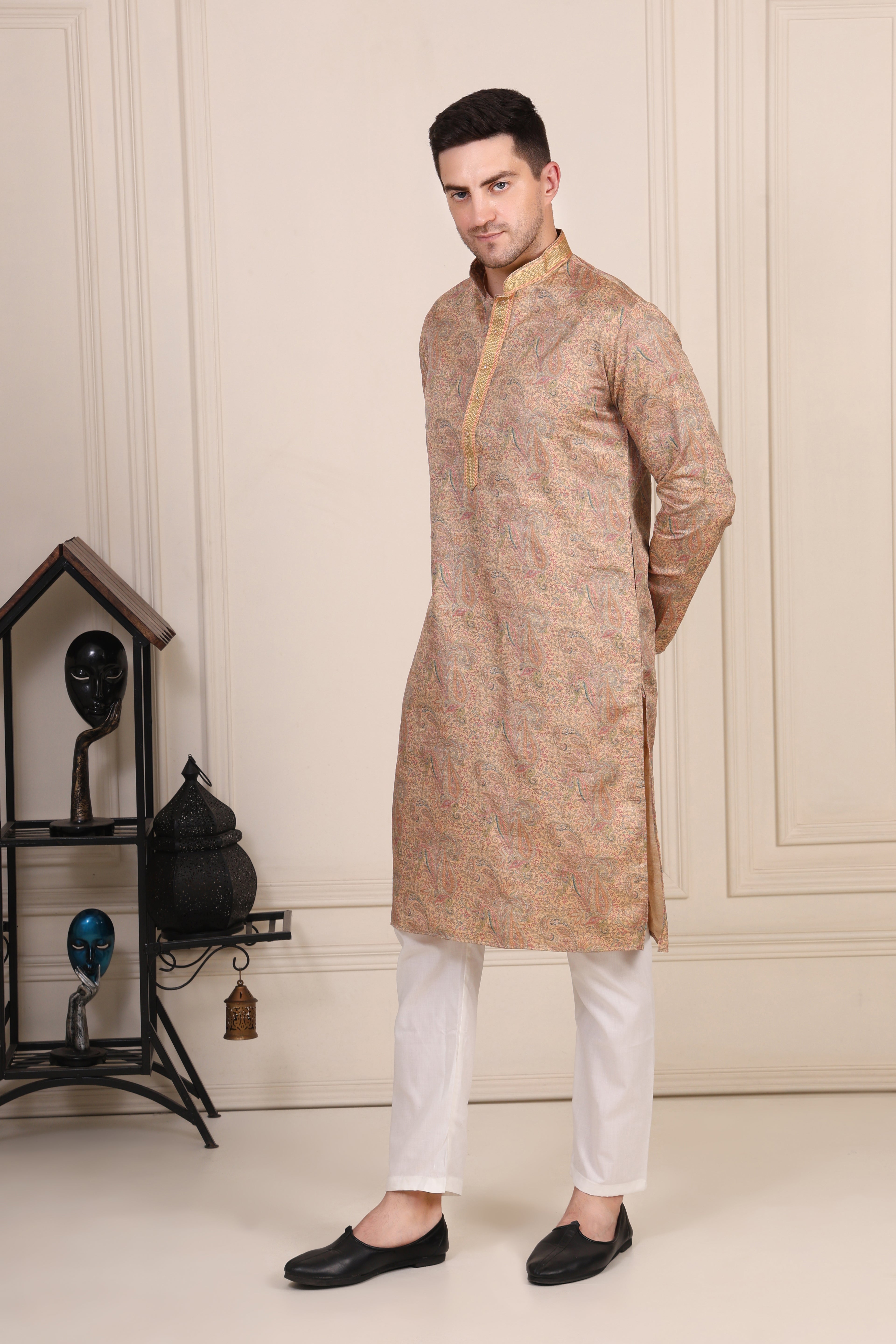 Golden Beige Paisley Printed Silk-Blend Kurta Set with White Pajama