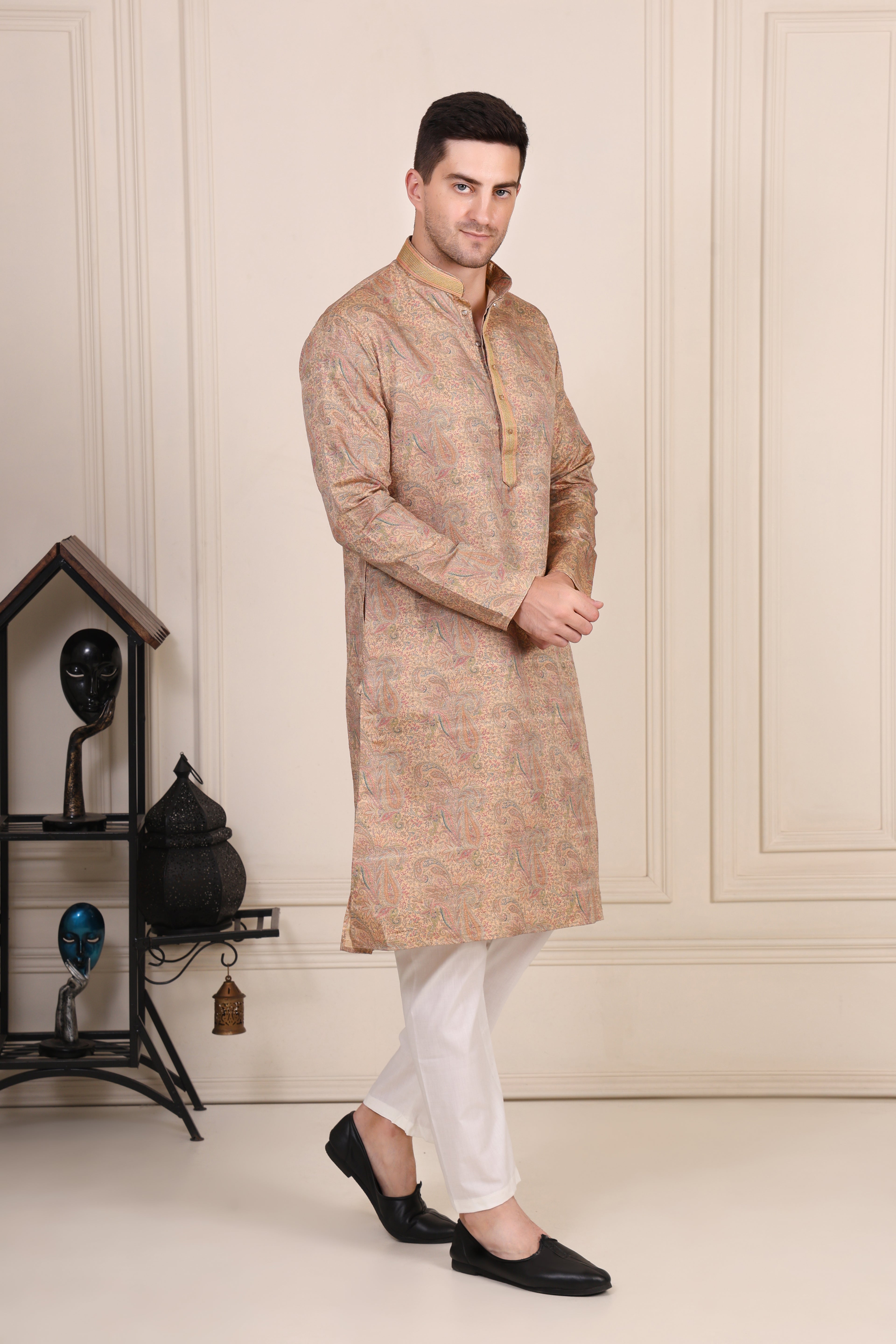 Golden Beige Paisley Printed Silk-Blend Kurta Set with White Pajama