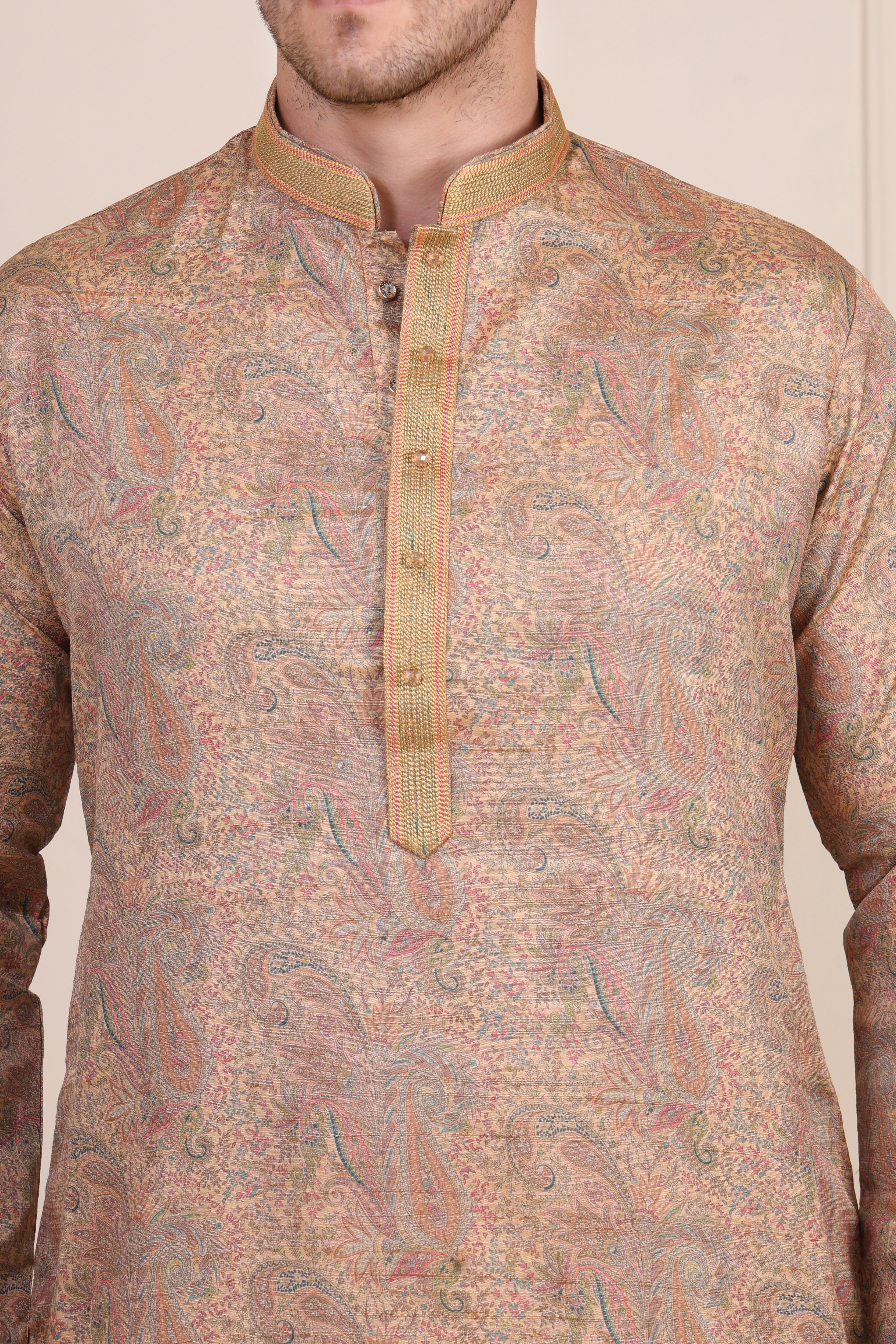 Golden Beige Paisley Printed Silk-Blend Kurta Set with White Pajama