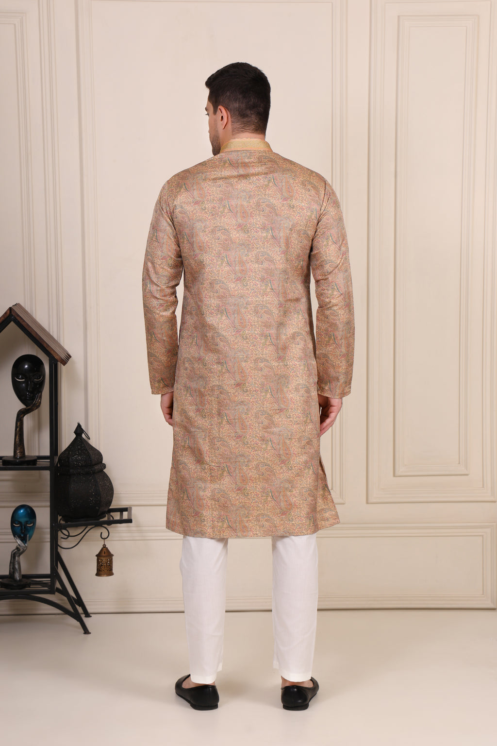 Golden Beige Paisley Printed Silk-Blend Kurta Set with White Pajama
