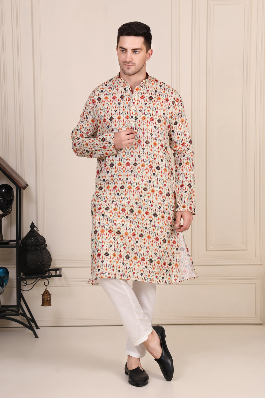 Cream Ikat-Inspired Printed Cotton Kurta Set with White Pajama