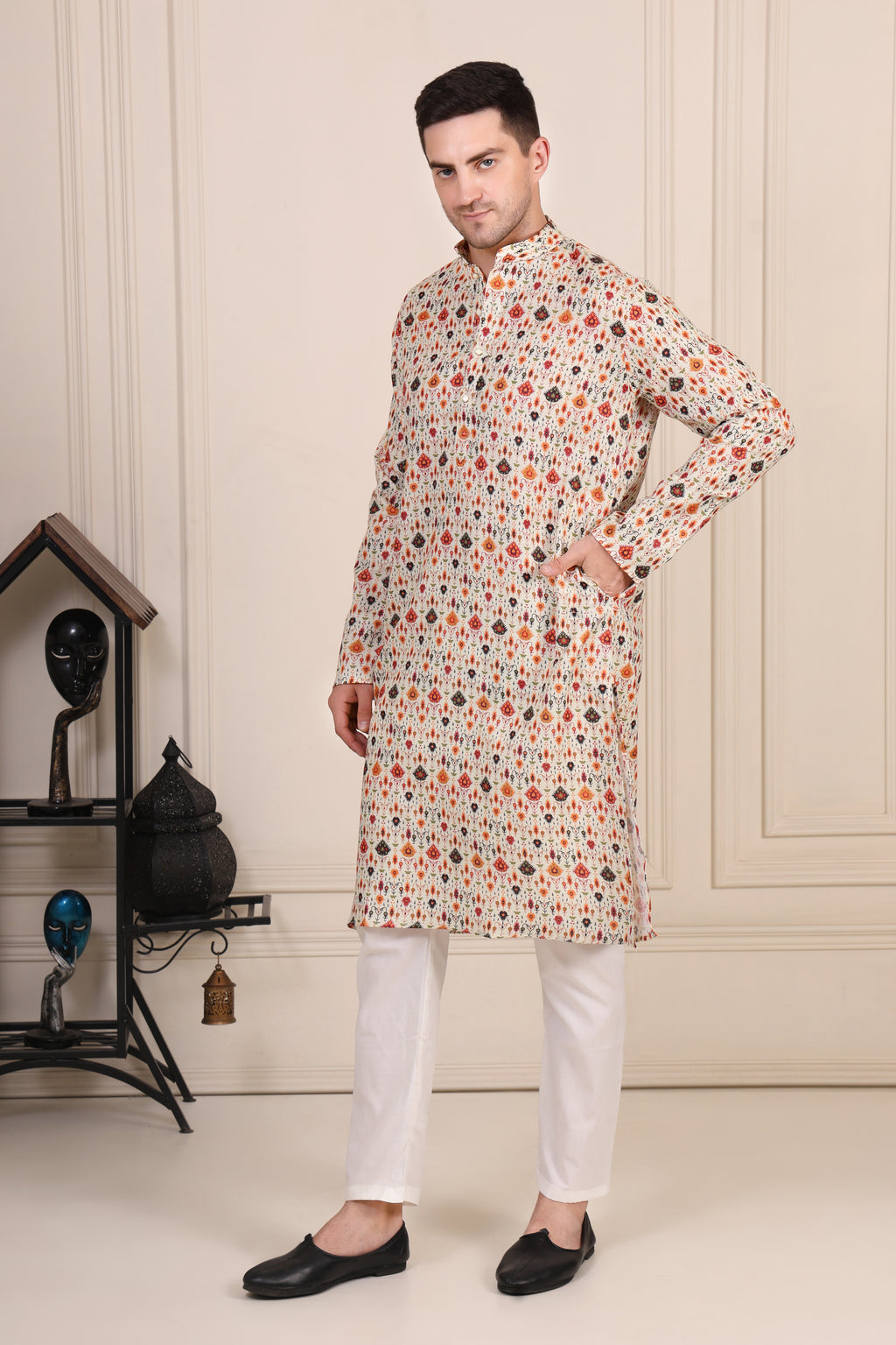 Cream Ikat-Inspired Printed Cotton Kurta Set with White Pajama