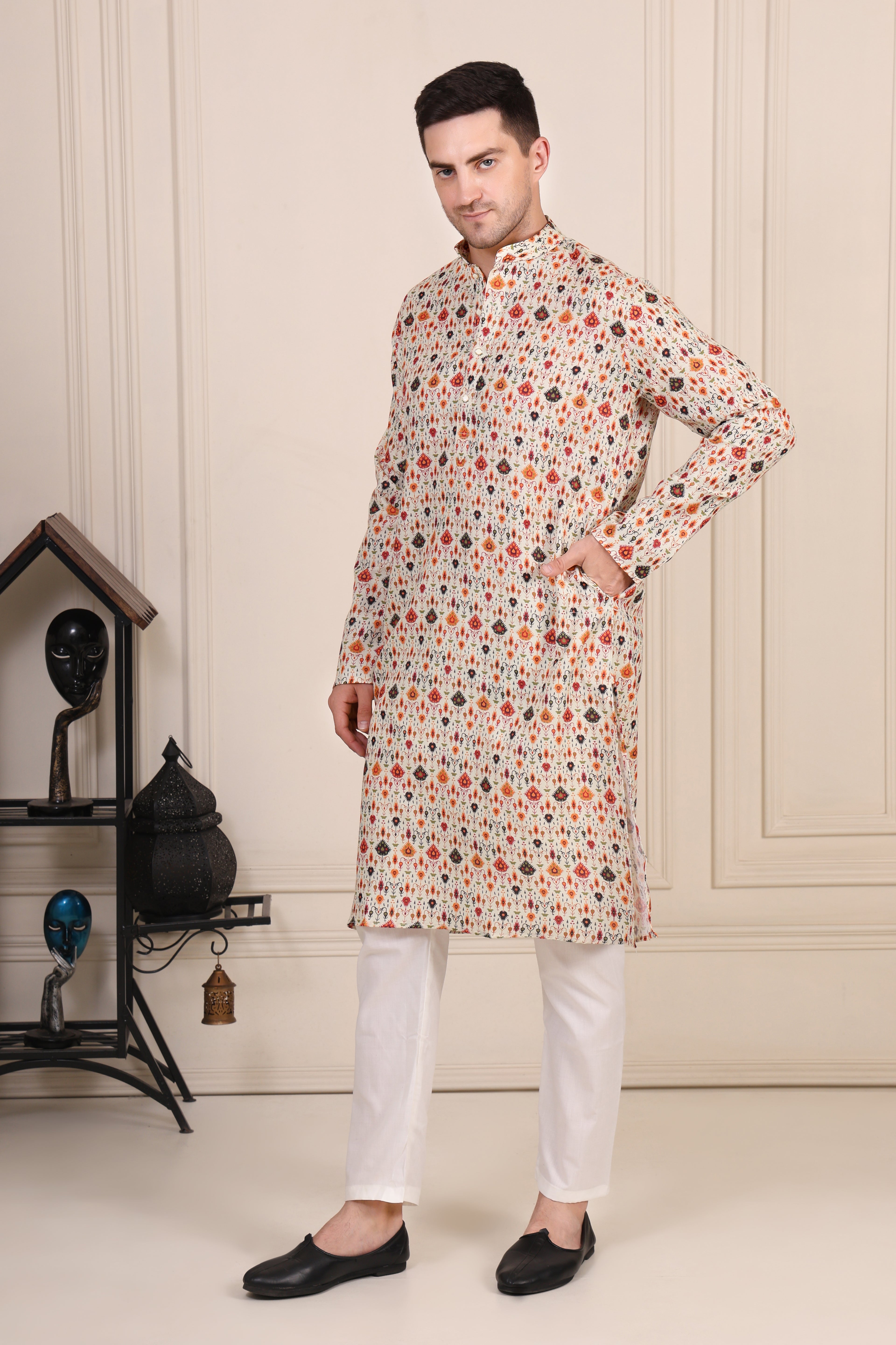 Cream Ikat-Inspired Printed Cotton Kurta Set with White Pajama