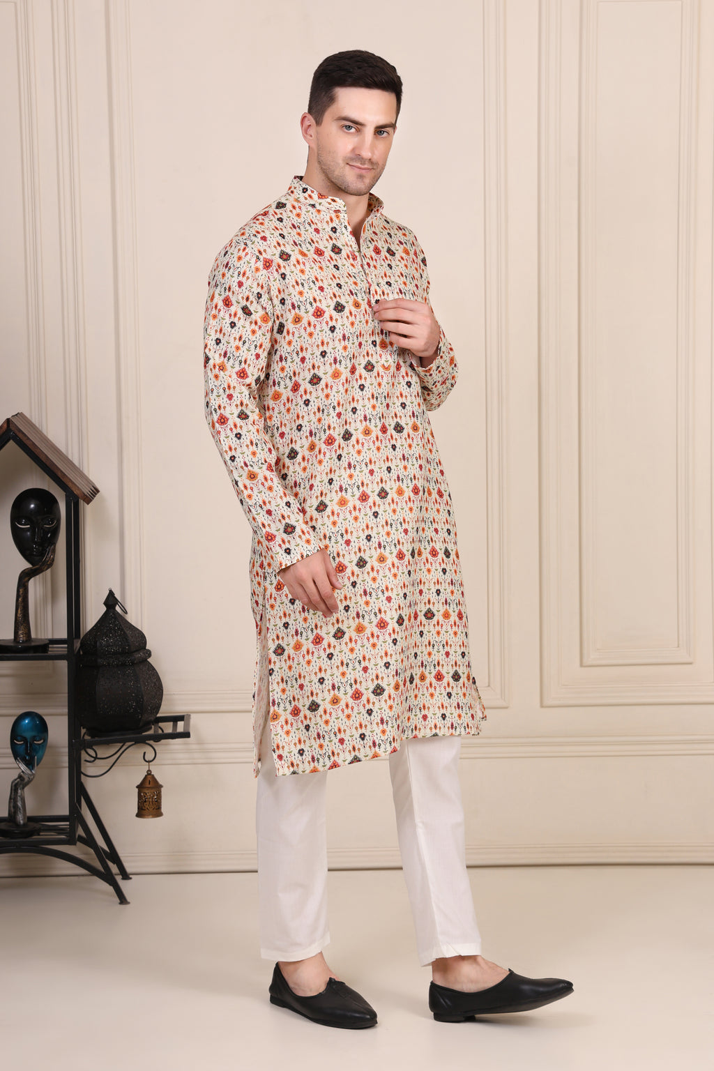 Cream Ikat-Inspired Printed Cotton Kurta Set with White Pajama