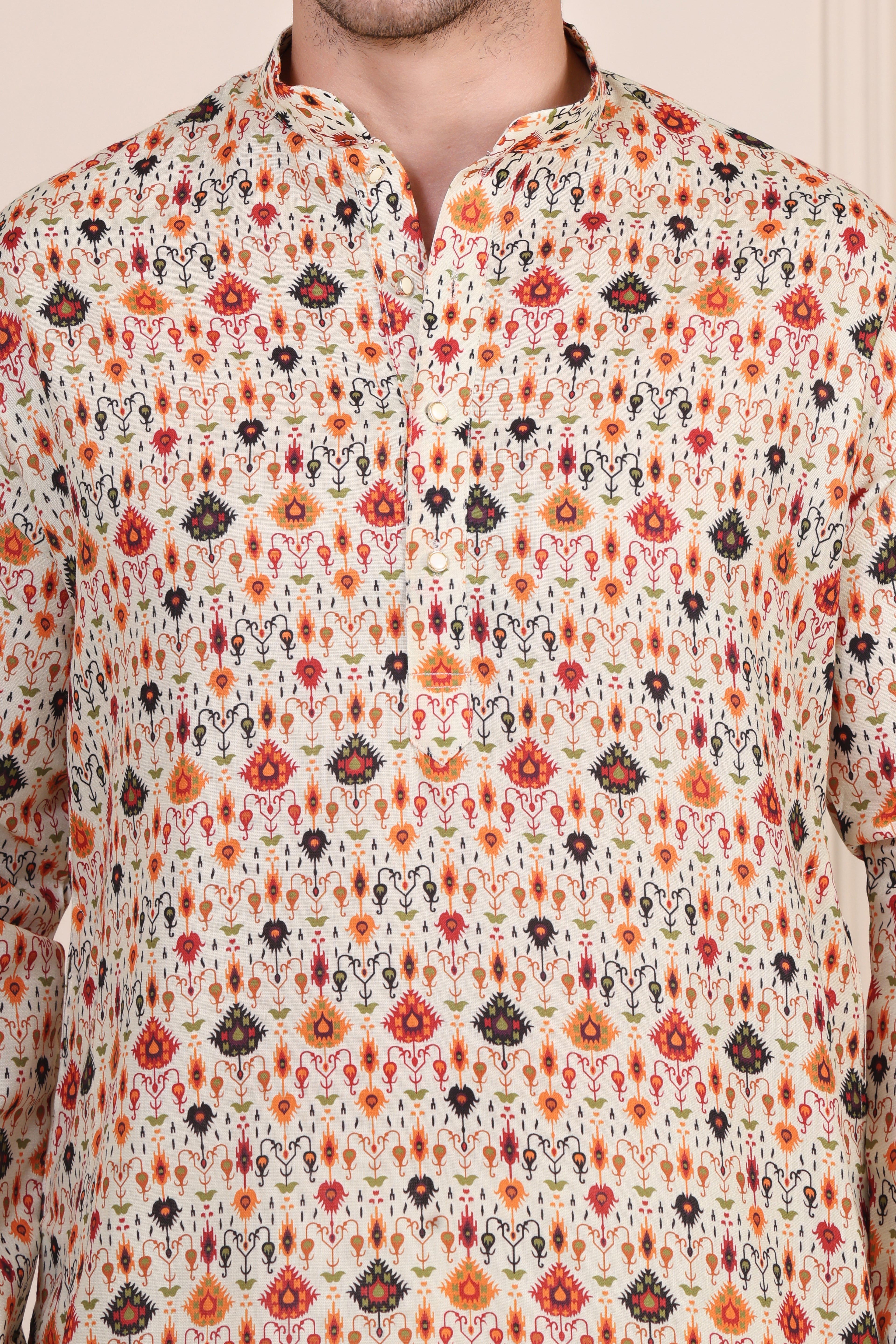 Cream Ikat-Inspired Printed Cotton Kurta Set with White Pajama