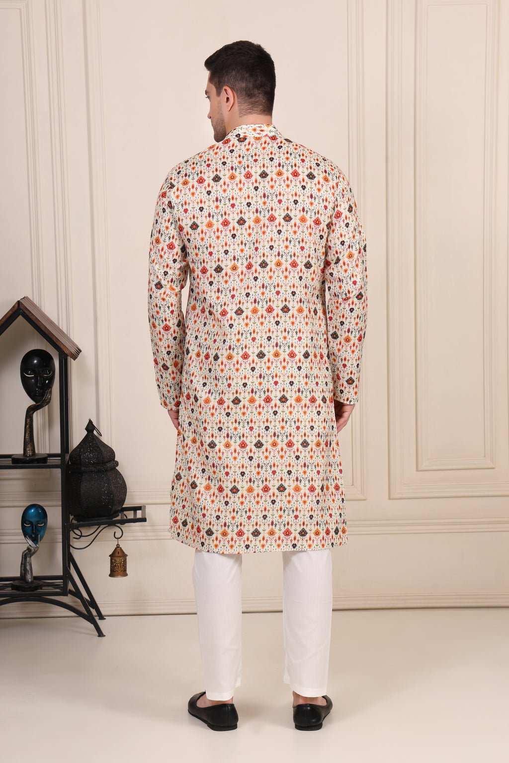 Cream Ikat-Inspired Printed Cotton Kurta Set with White Pajama
