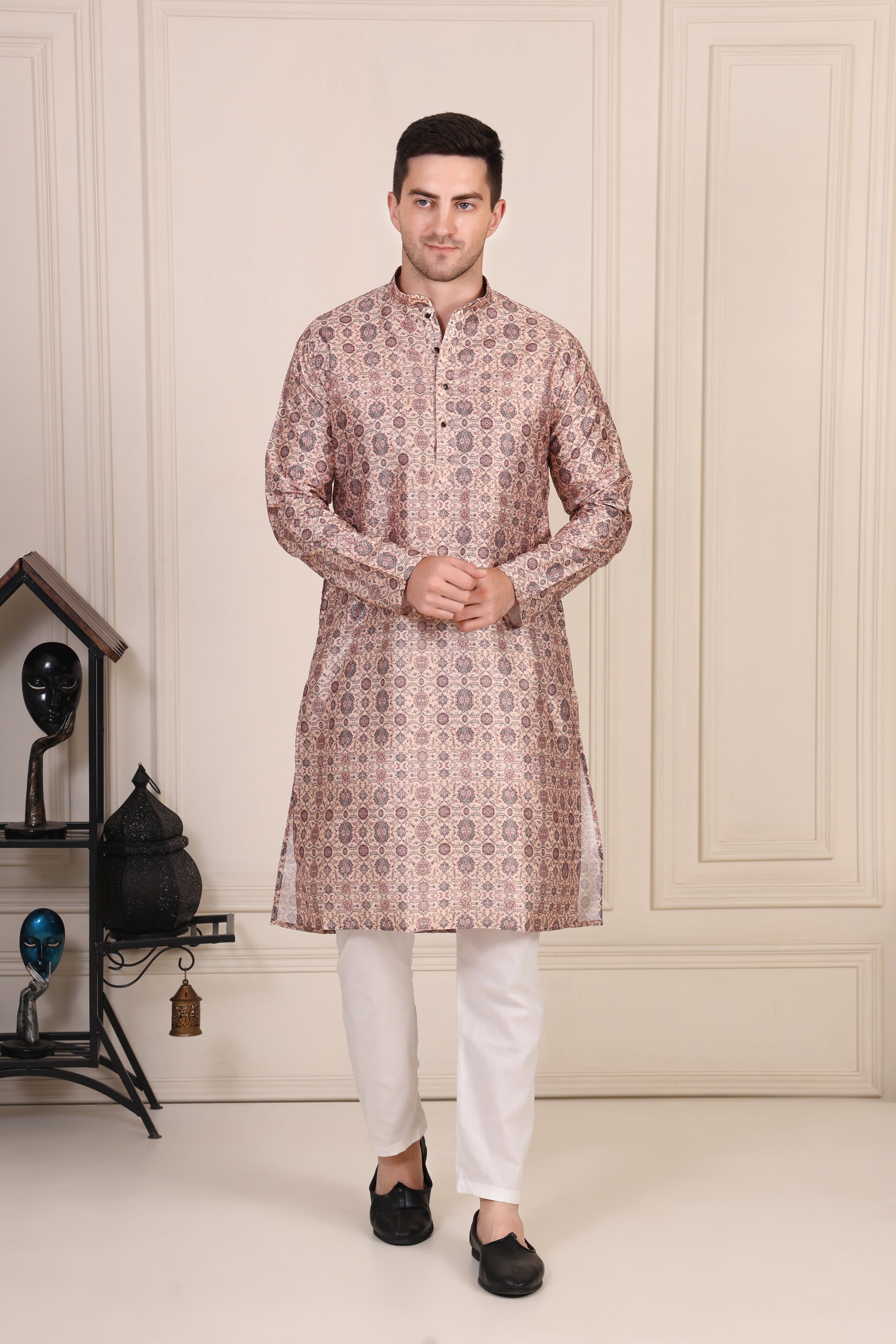 Beige Mughal Motif Printed Cotton-Silk Kurta Set with White Pajama