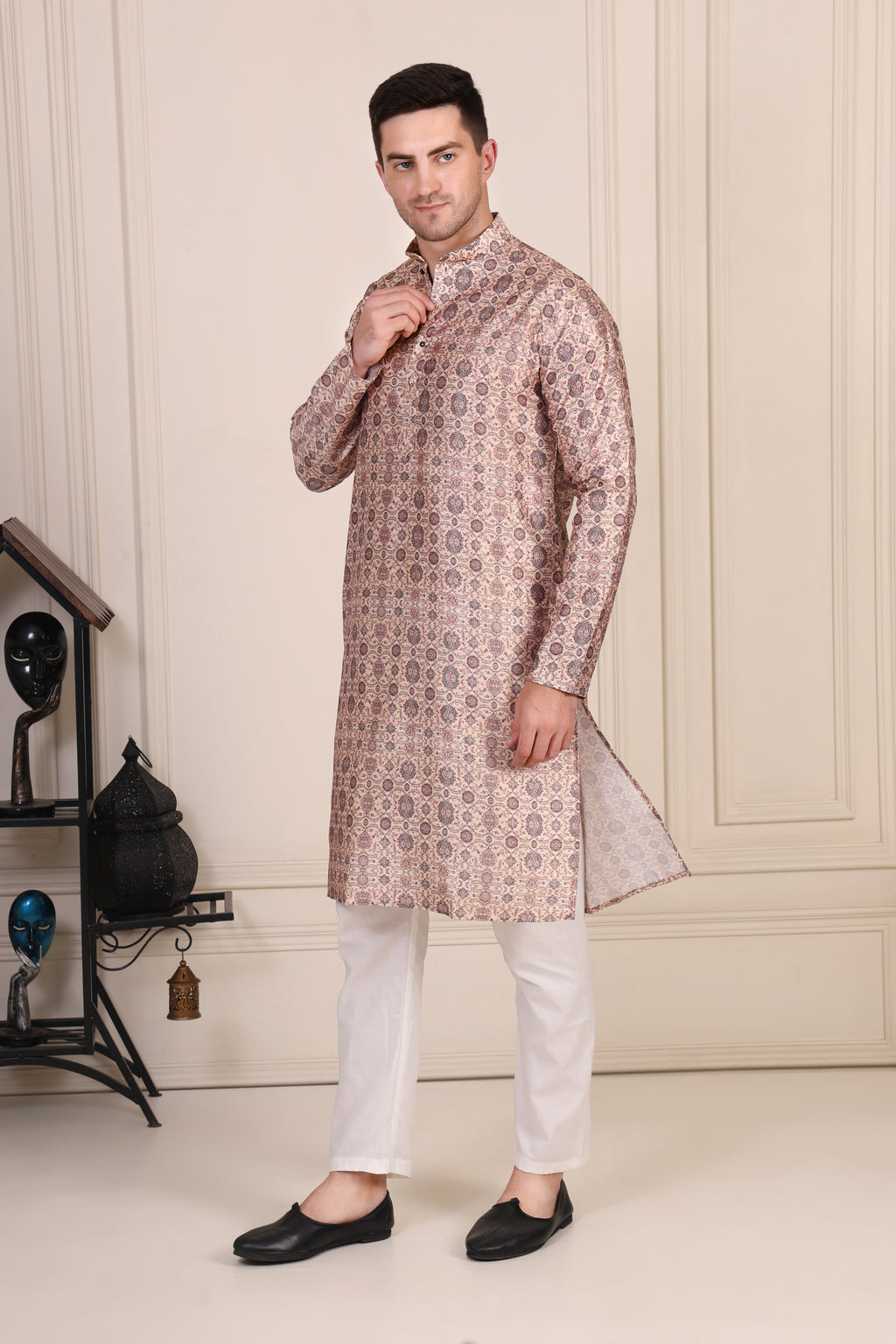Beige Mughal Motif Printed Cotton-Silk Kurta Set with White Pajama