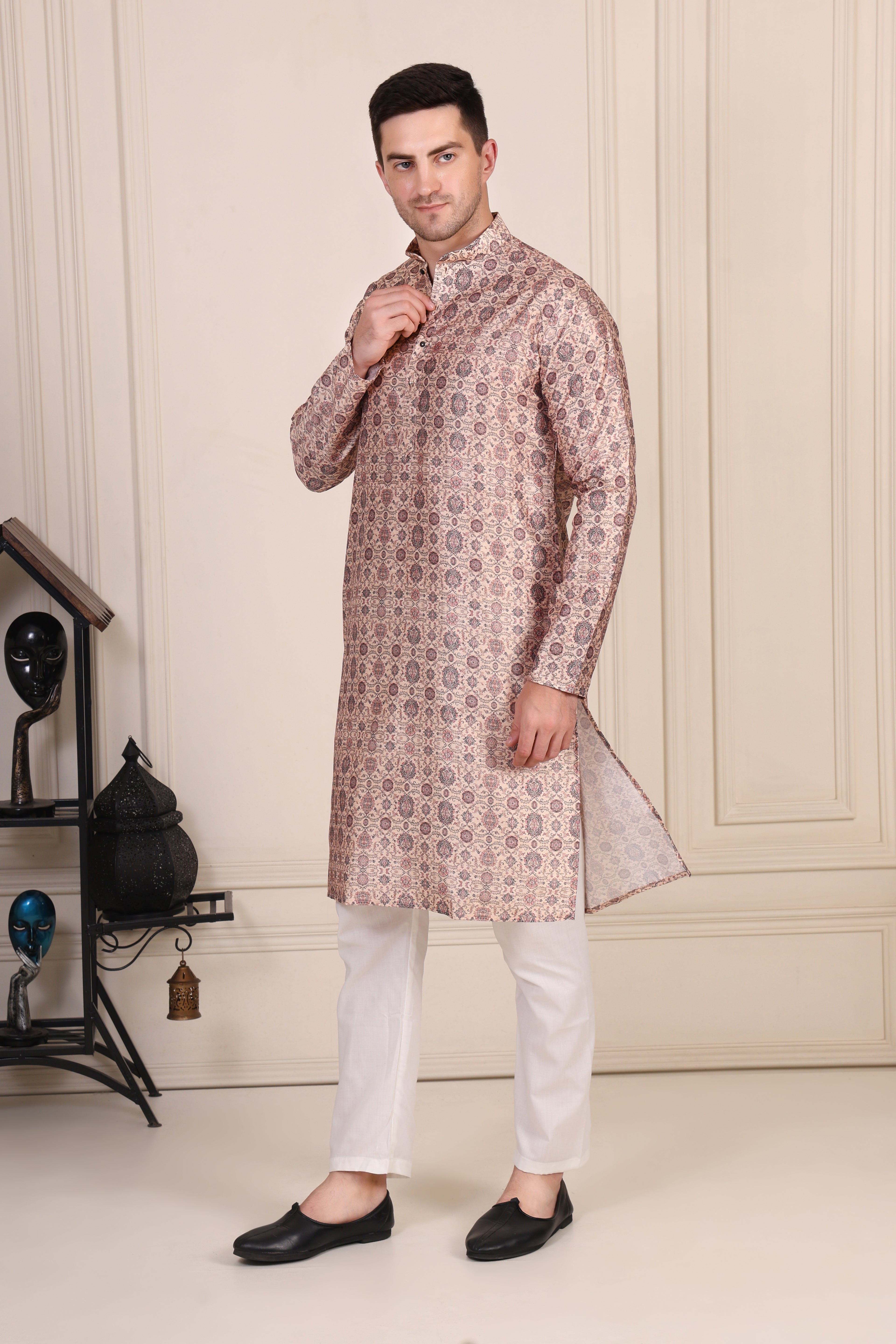 Beige Mughal Motif Printed Cotton-Silk Kurta Set with White Pajama