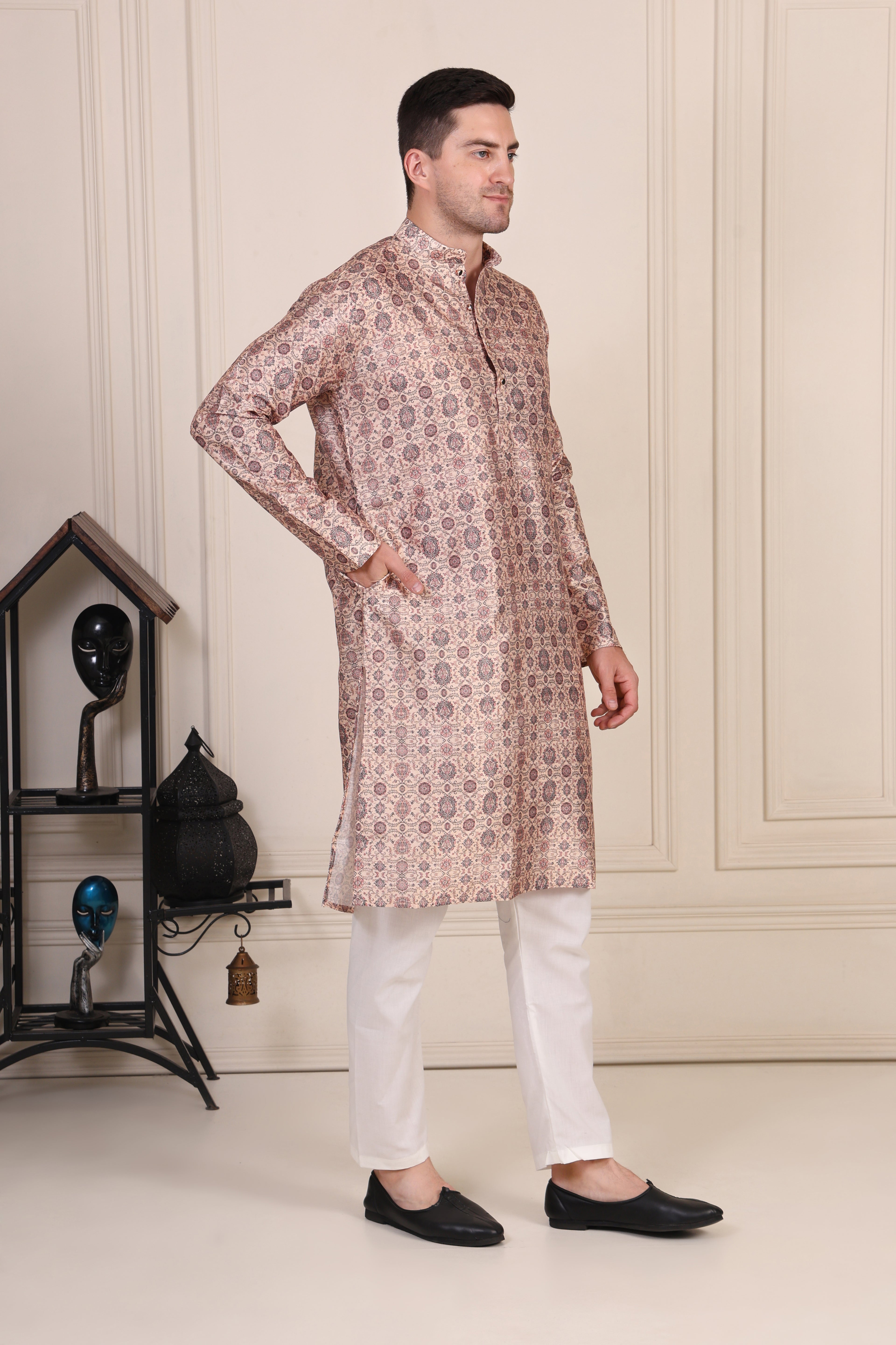 Beige Mughal Motif Printed Cotton-Silk Kurta Set with White Pajama