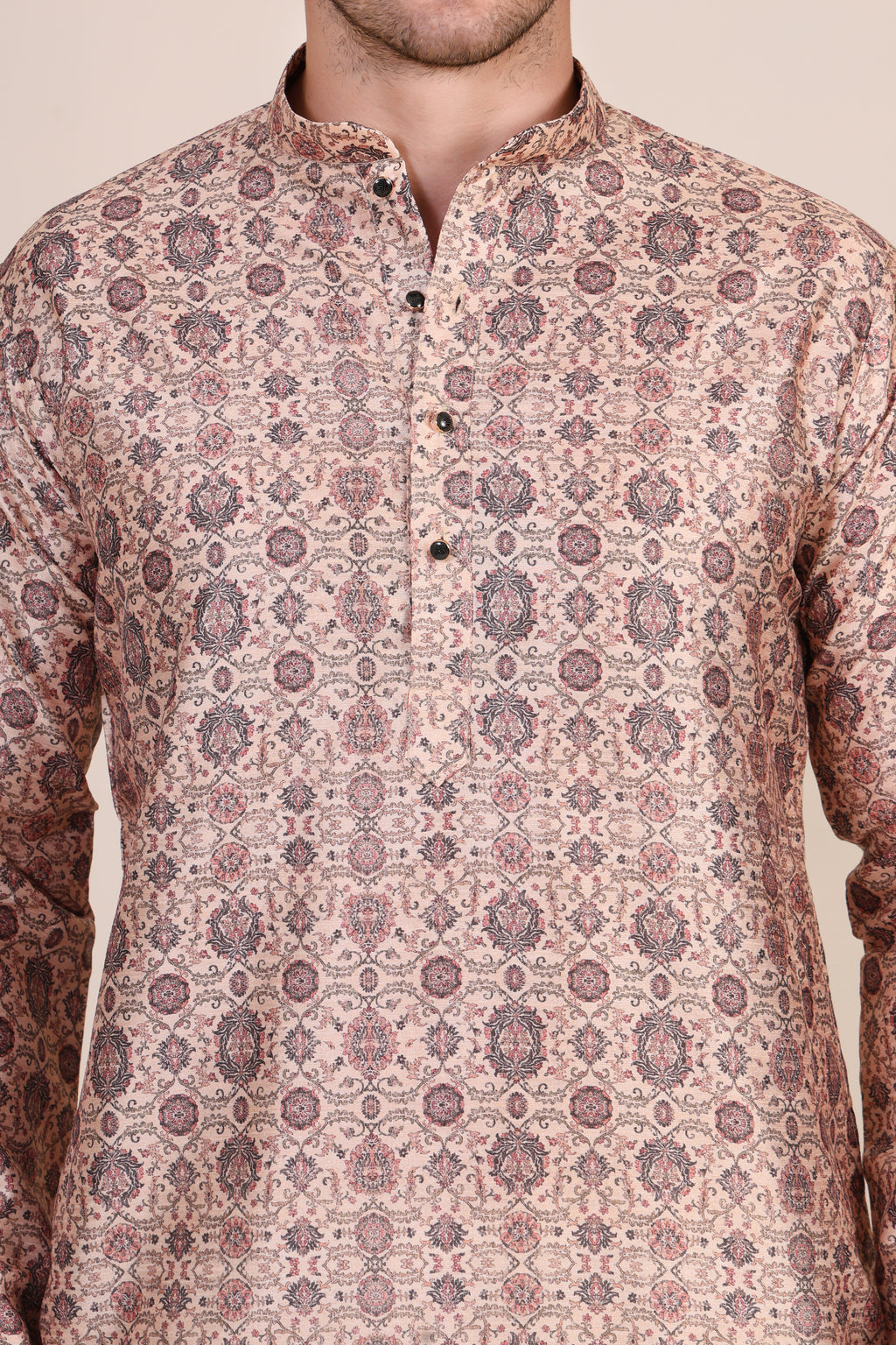 Beige Mughal Motif Printed Cotton-Silk Kurta Set with White Pajama