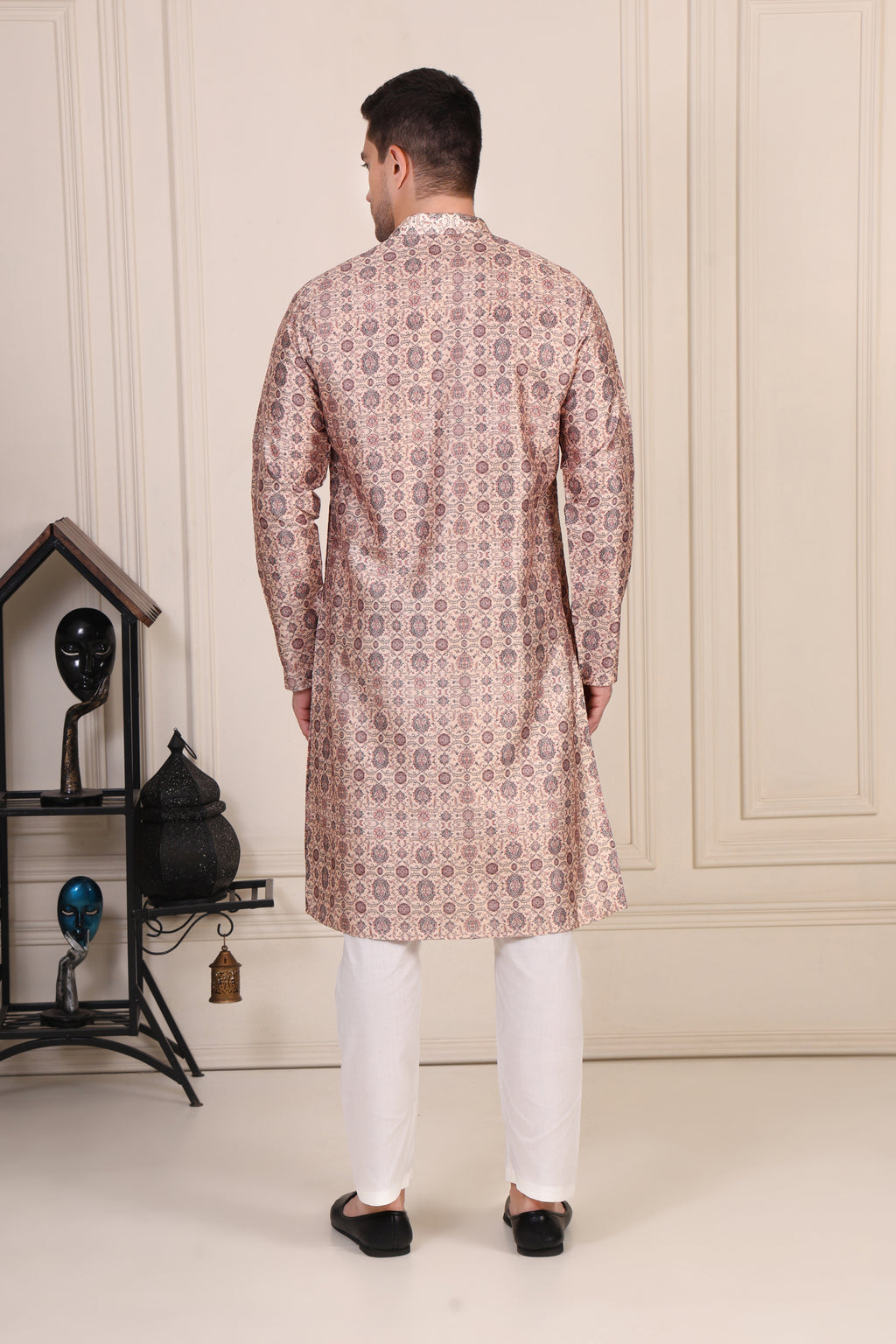 Beige Mughal Motif Printed Cotton-Silk Kurta Set with White Pajama