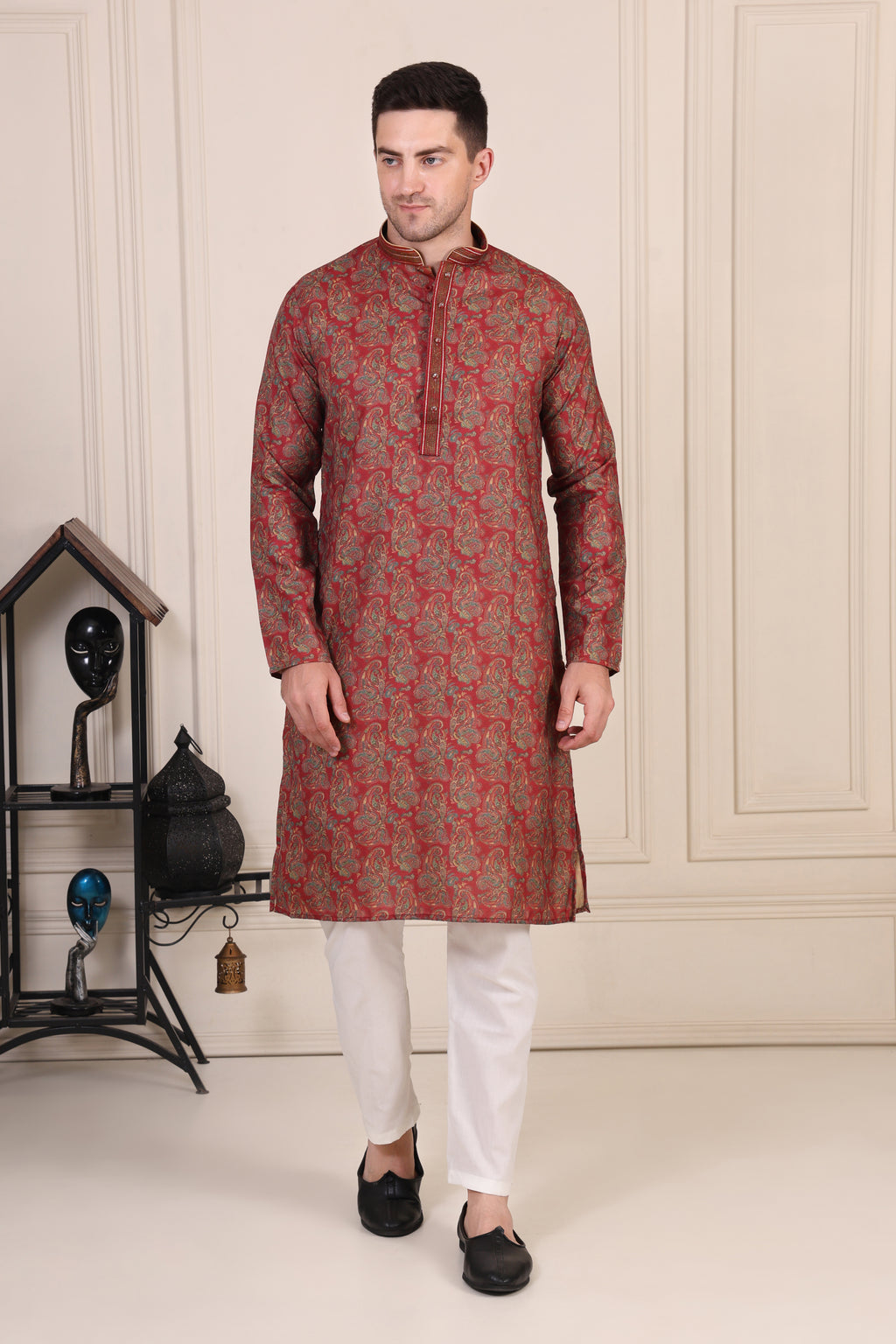 Maroon Paisley Printed Silk-Blend Kurta Set with White Pajama