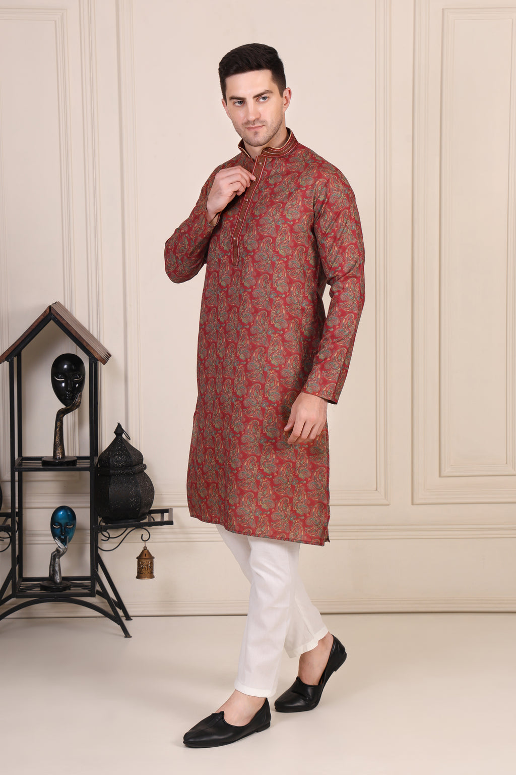 Maroon Paisley Printed Silk-Blend Kurta Set with White Pajama