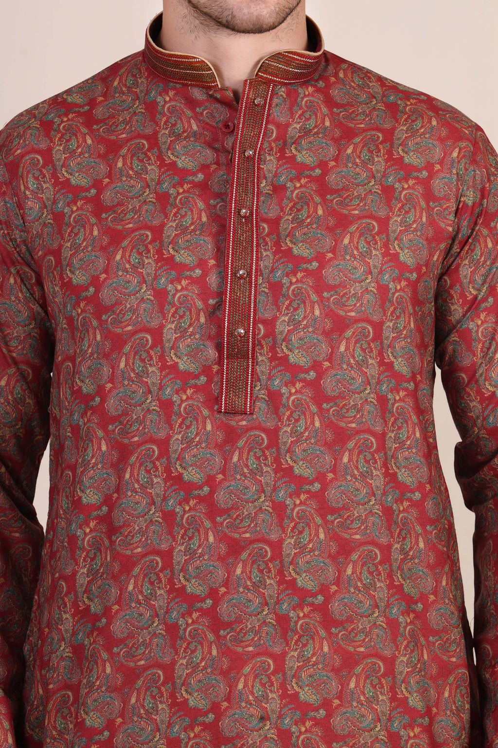 Maroon Paisley Printed Silk-Blend Kurta Set with White Pajama