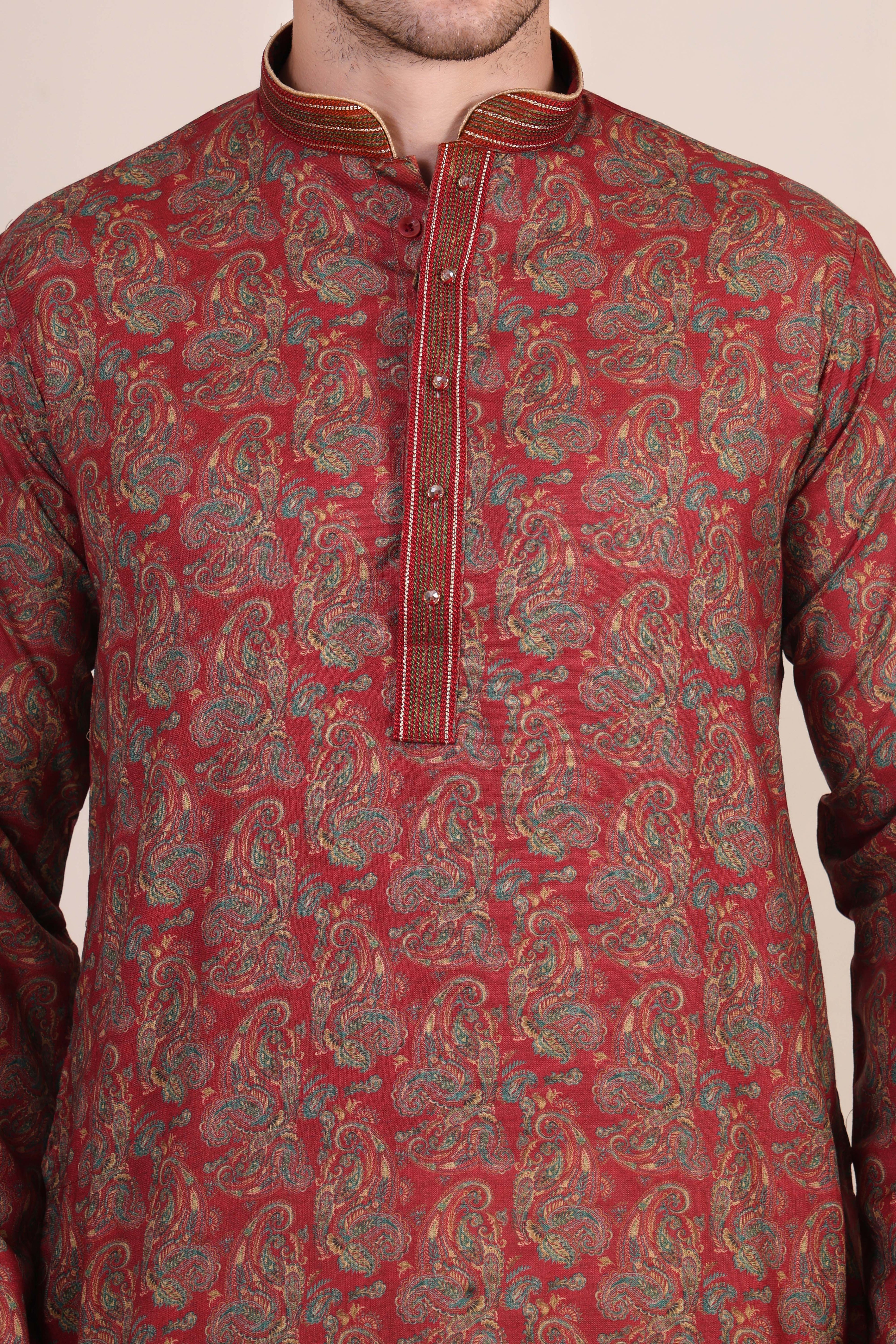 Maroon Paisley Printed Silk-Blend Kurta Set with White Pajama