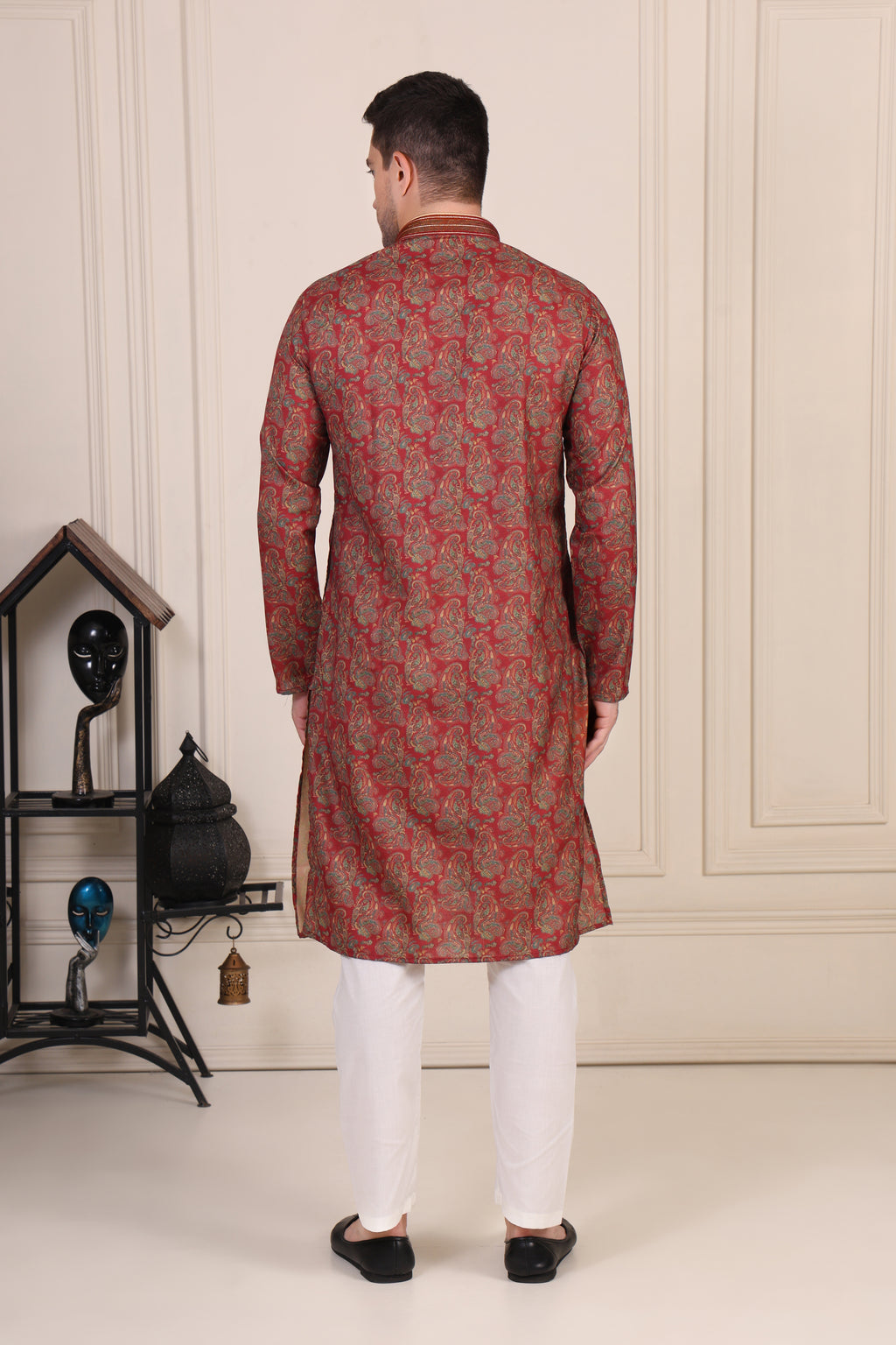 Maroon Paisley Printed Silk-Blend Kurta Set with White Pajama