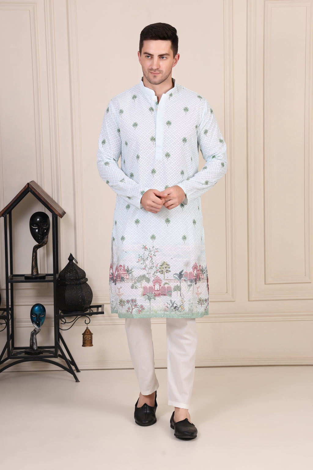 Light Green Embroidered Palm Motif Kurta Set with Mughal Scene Detailing