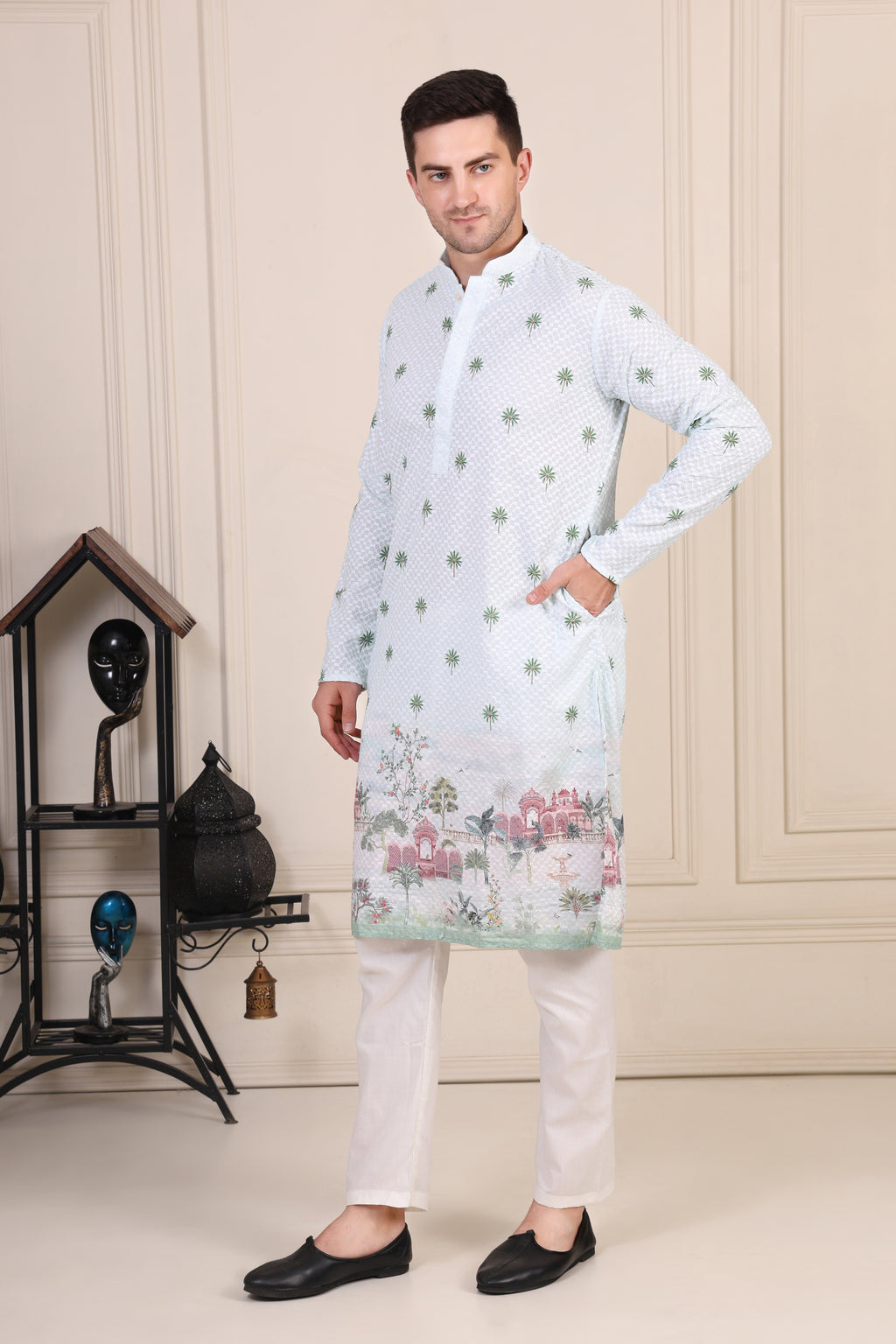 Light Green Embroidered Palm Motif Kurta Set with Mughal Scene Detailing