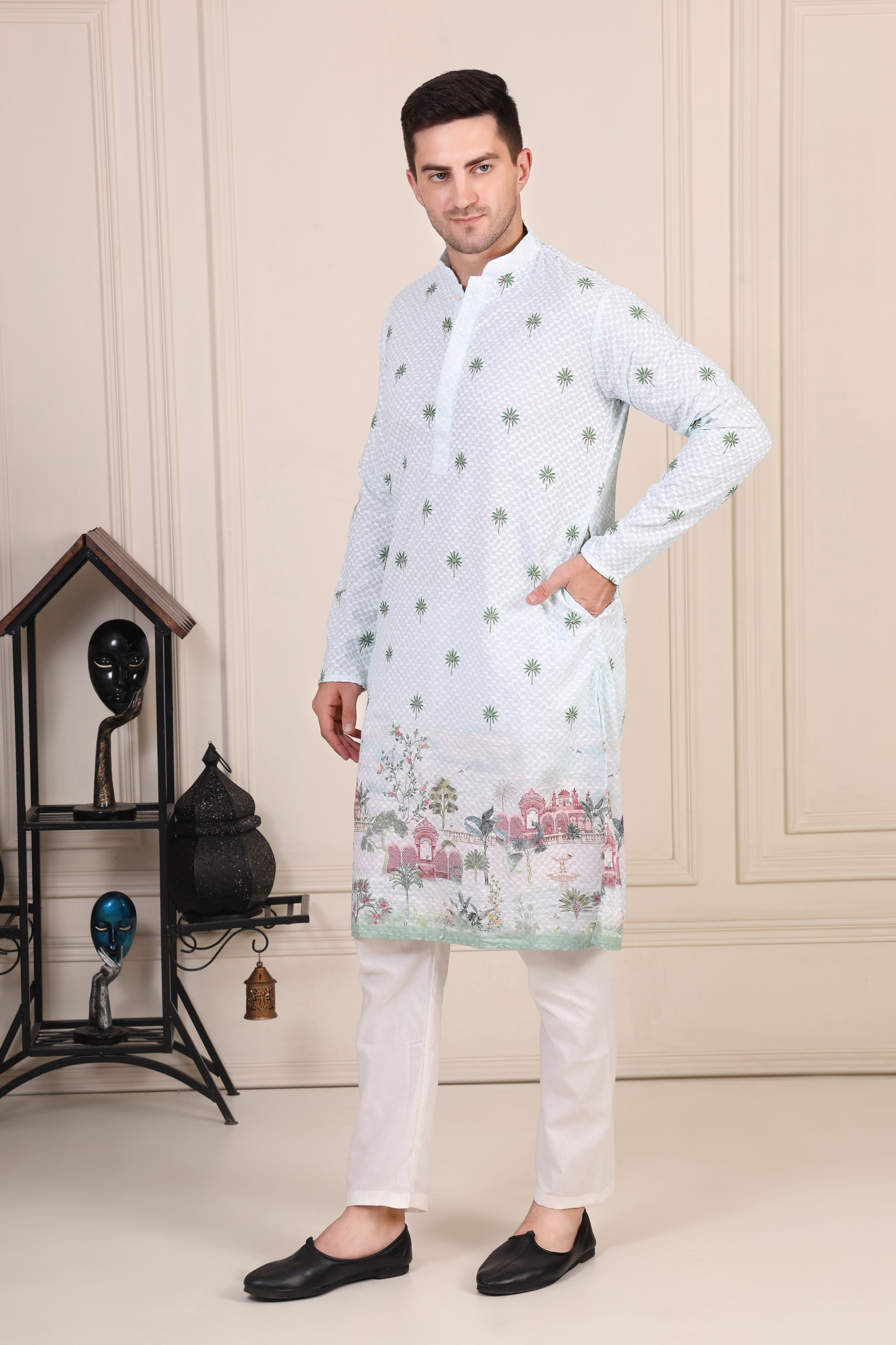 Light Green Embroidered Palm Motif Kurta Set with Mughal Scene Detailing