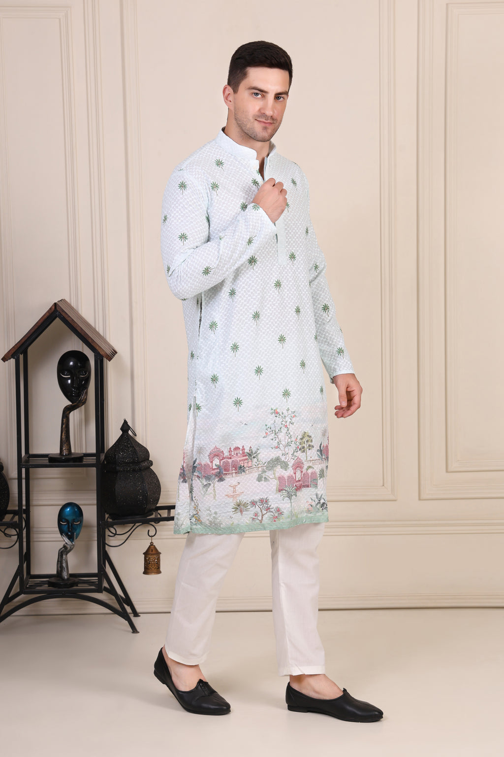 Light Green Embroidered Palm Motif Kurta Set with Mughal Scene Detailing