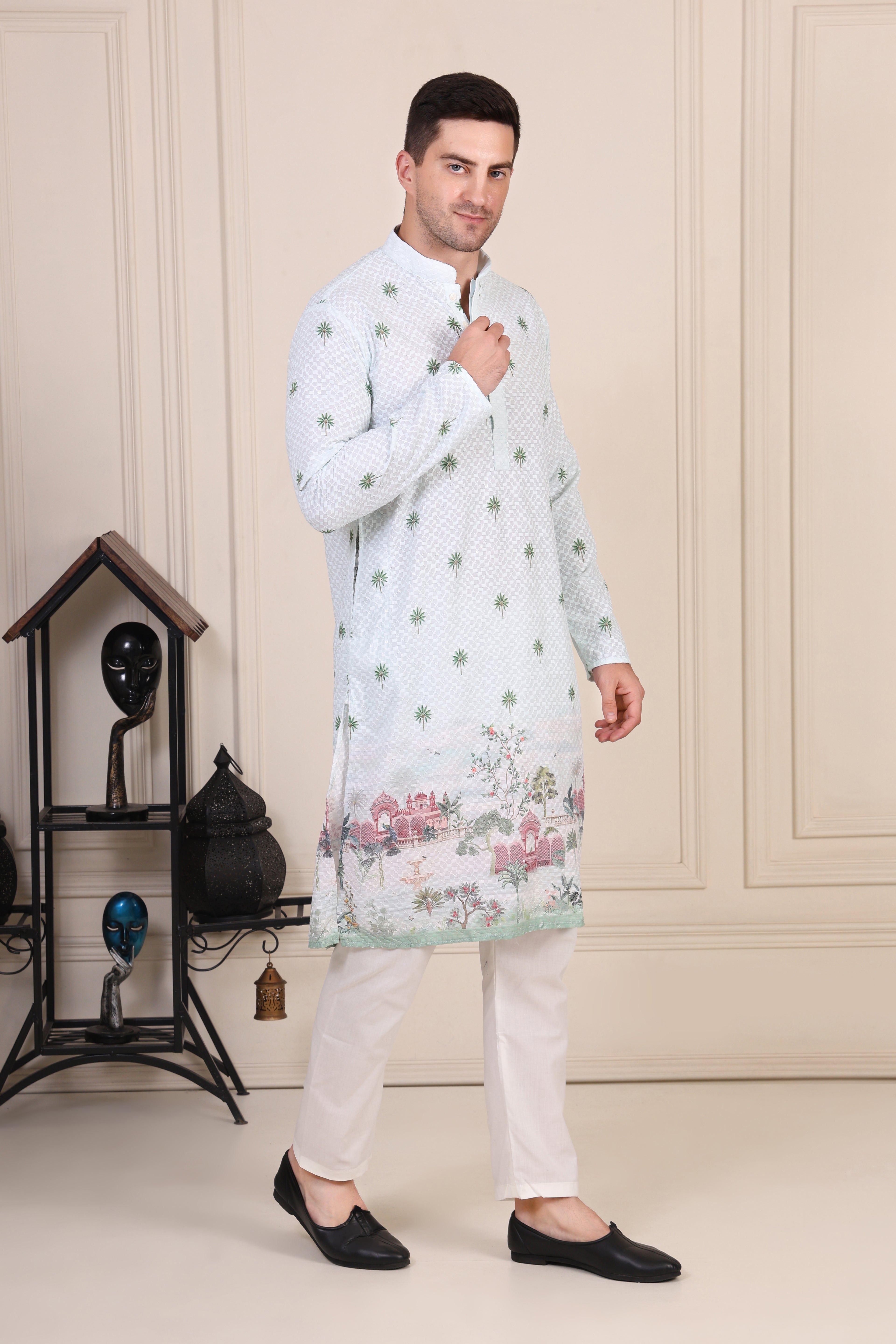 Light Green Embroidered Palm Motif Kurta Set with Mughal Scene Detailing