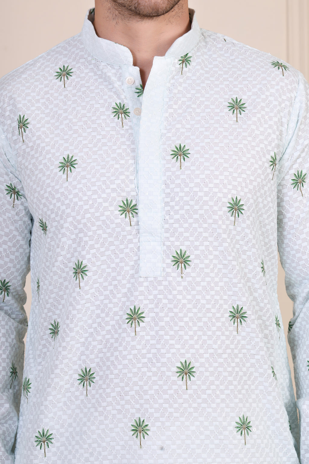 Light Green Embroidered Palm Motif Kurta Set with Mughal Scene Detailing