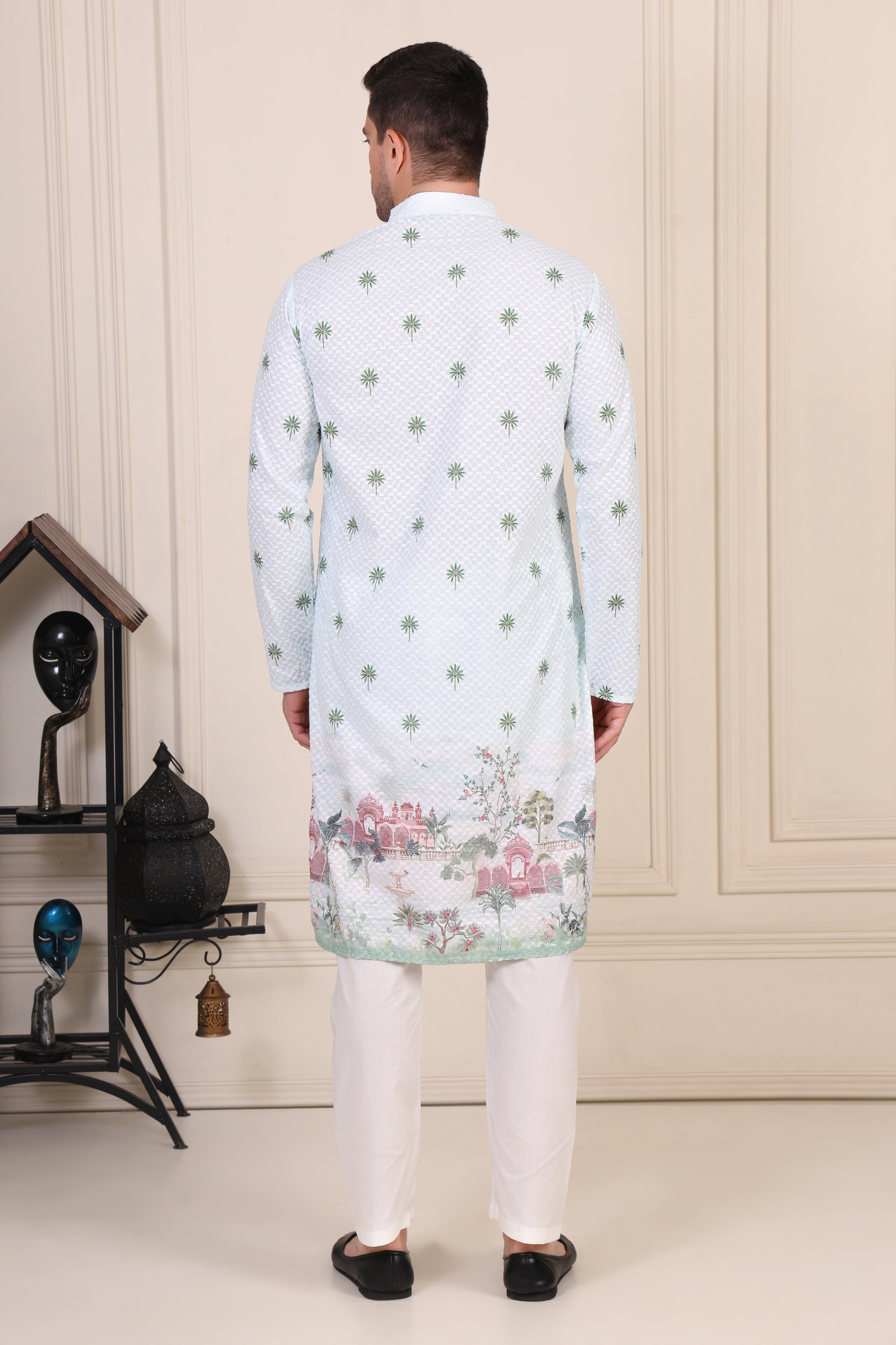 Light Green Embroidered Palm Motif Kurta Set with Mughal Scene Detailing