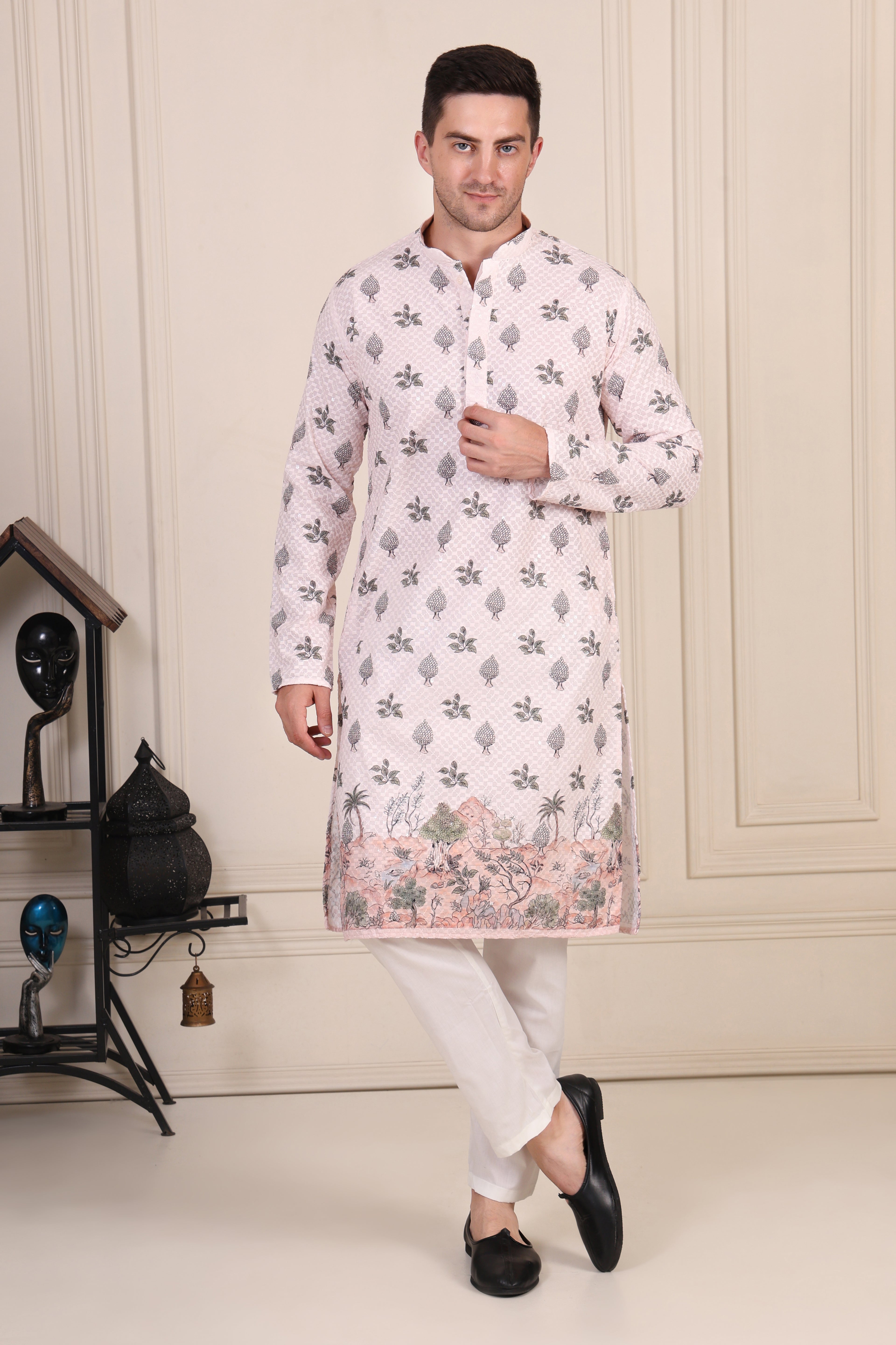 Blush Pink Embroidered Motif Kurta Set with Scenic Hem Detailing