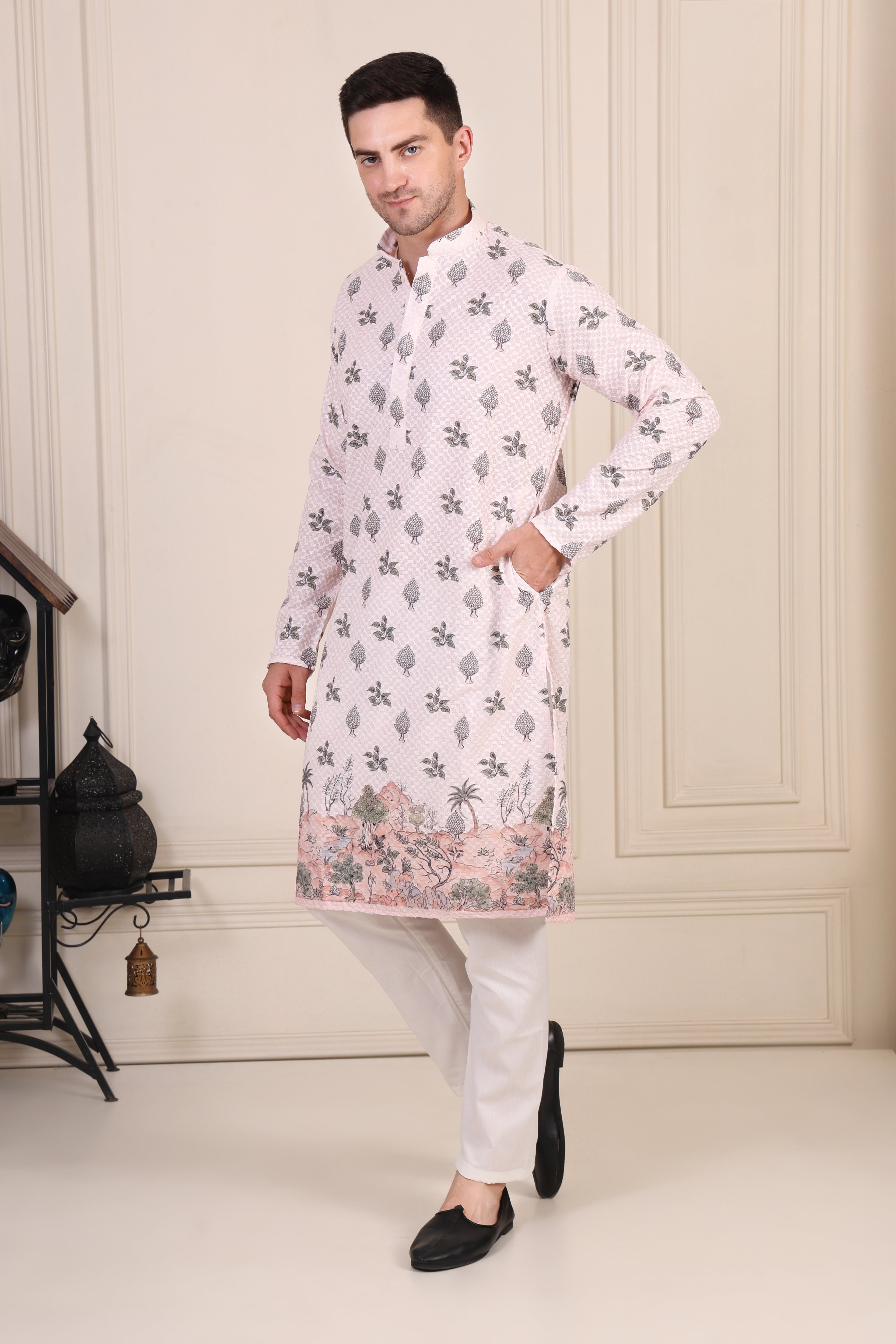 Blush Pink Embroidered Motif Kurta Set with Scenic Hem Detailing