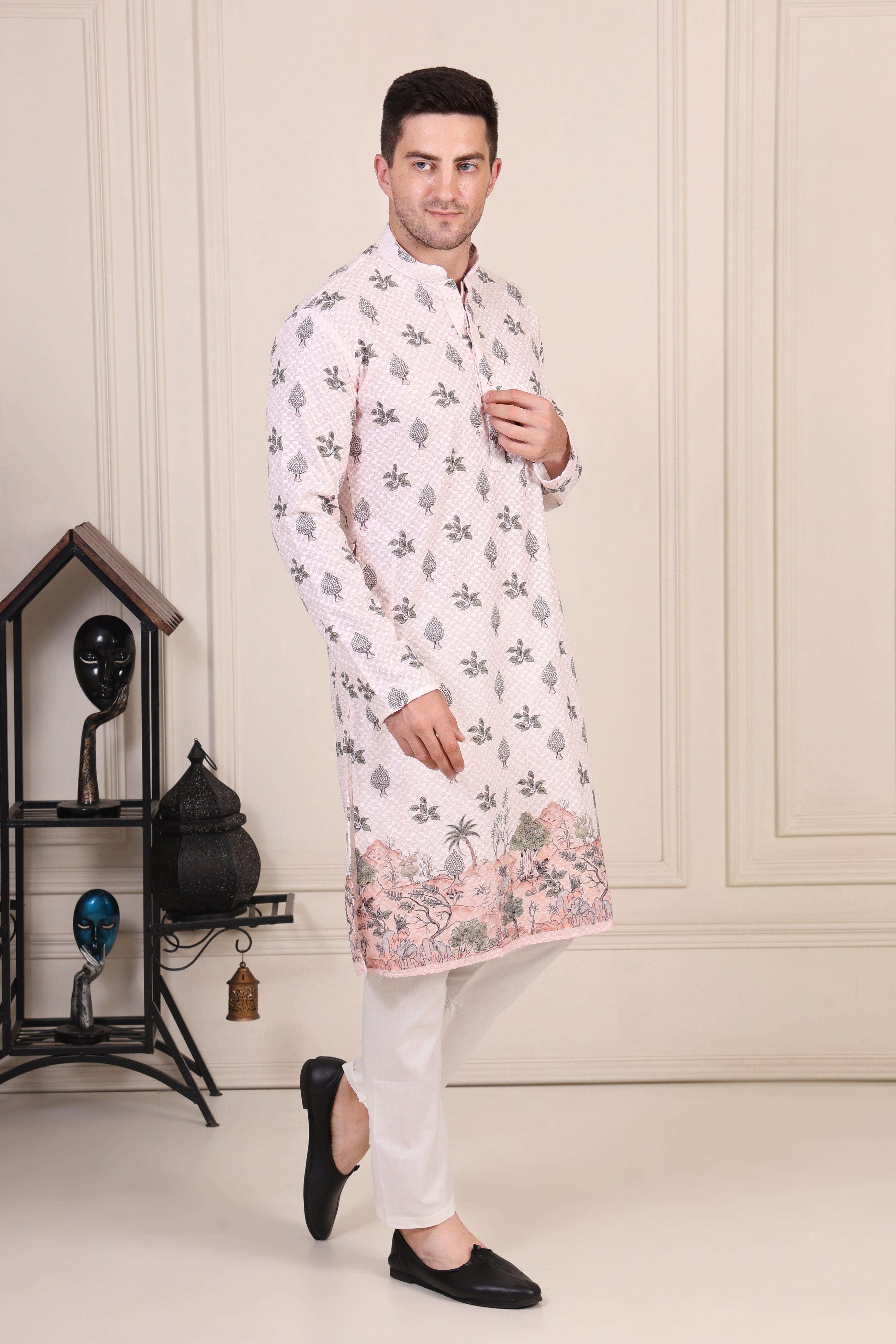 Blush Pink Embroidered Motif Kurta Set with Scenic Hem Detailing