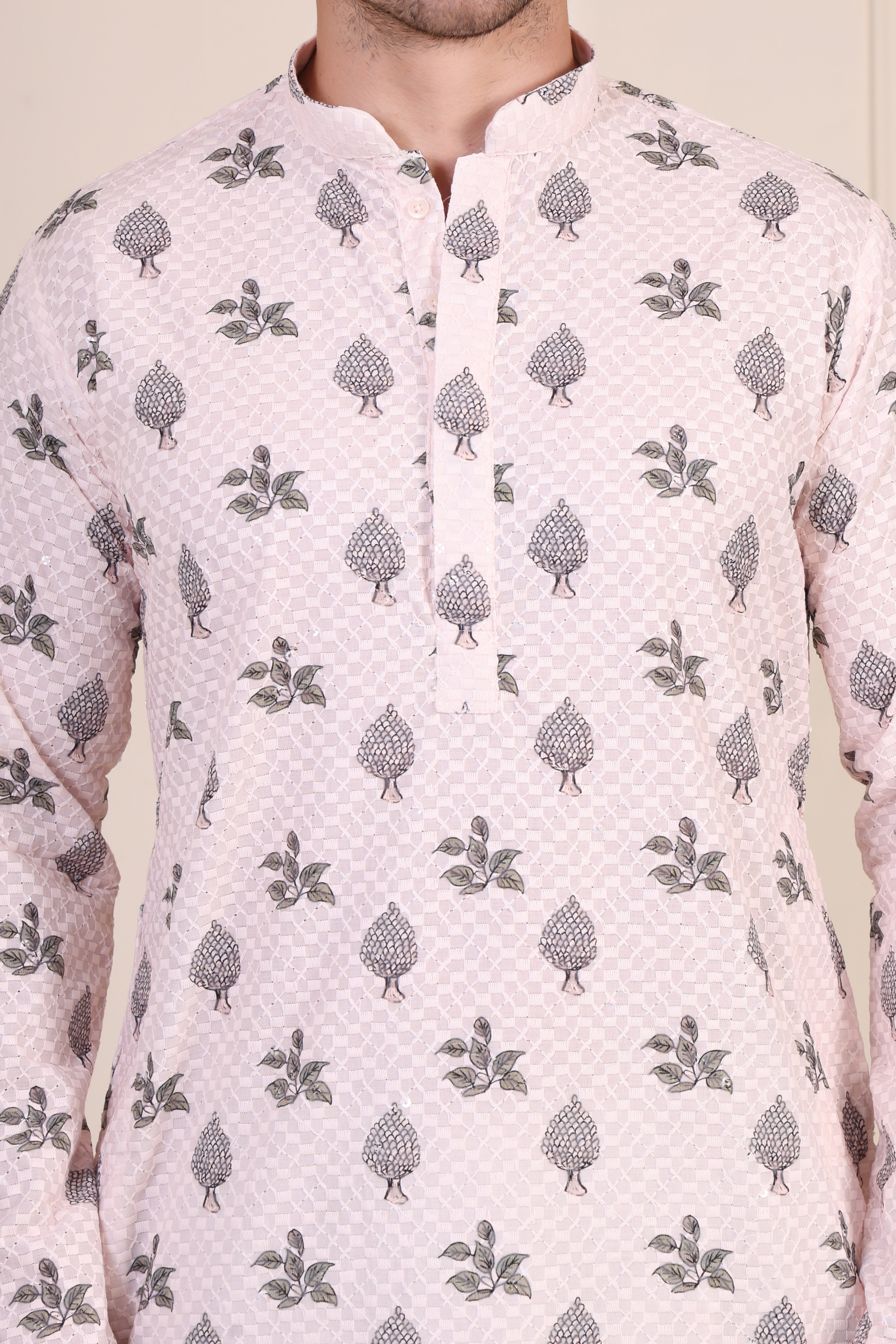 Blush Pink Embroidered Motif Kurta Set with Scenic Hem Detailing