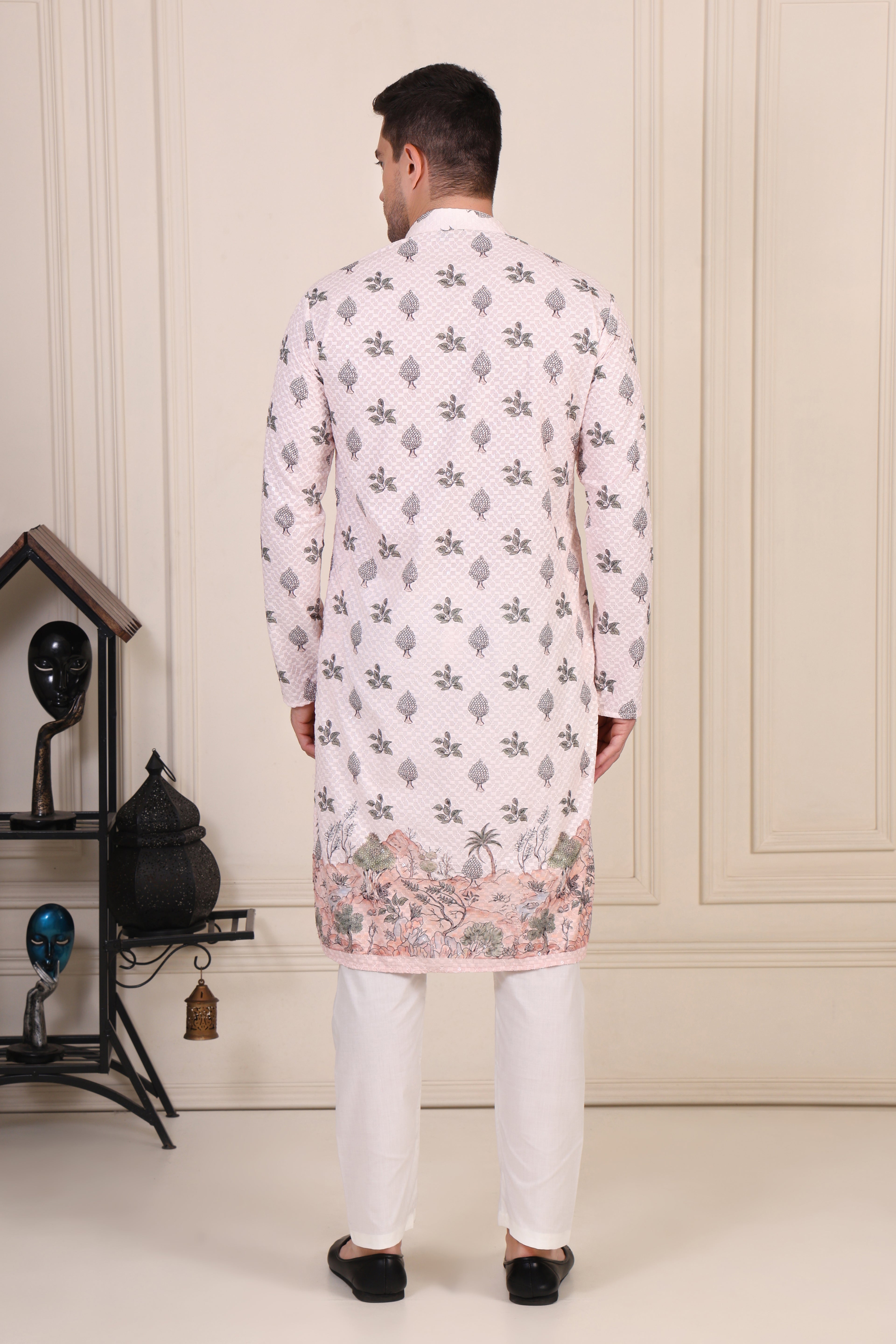 Blush Pink Embroidered Motif Kurta Set with Scenic Hem Detailing