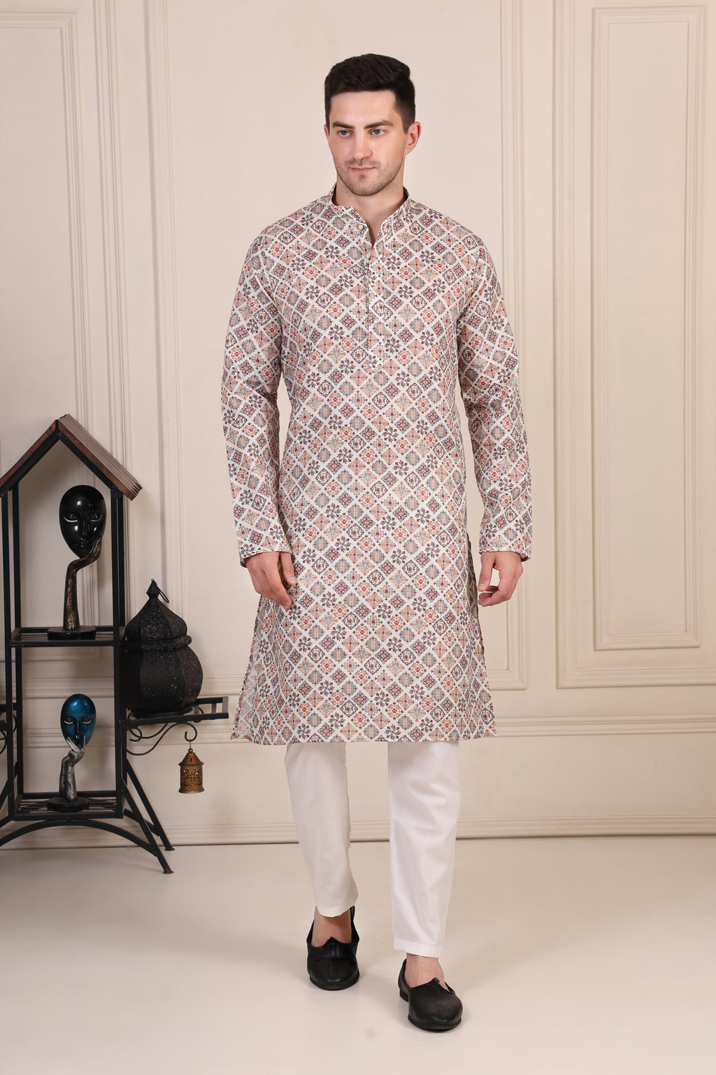 White Geometric Tile Print Cotton Kurta Set with White Pajama
