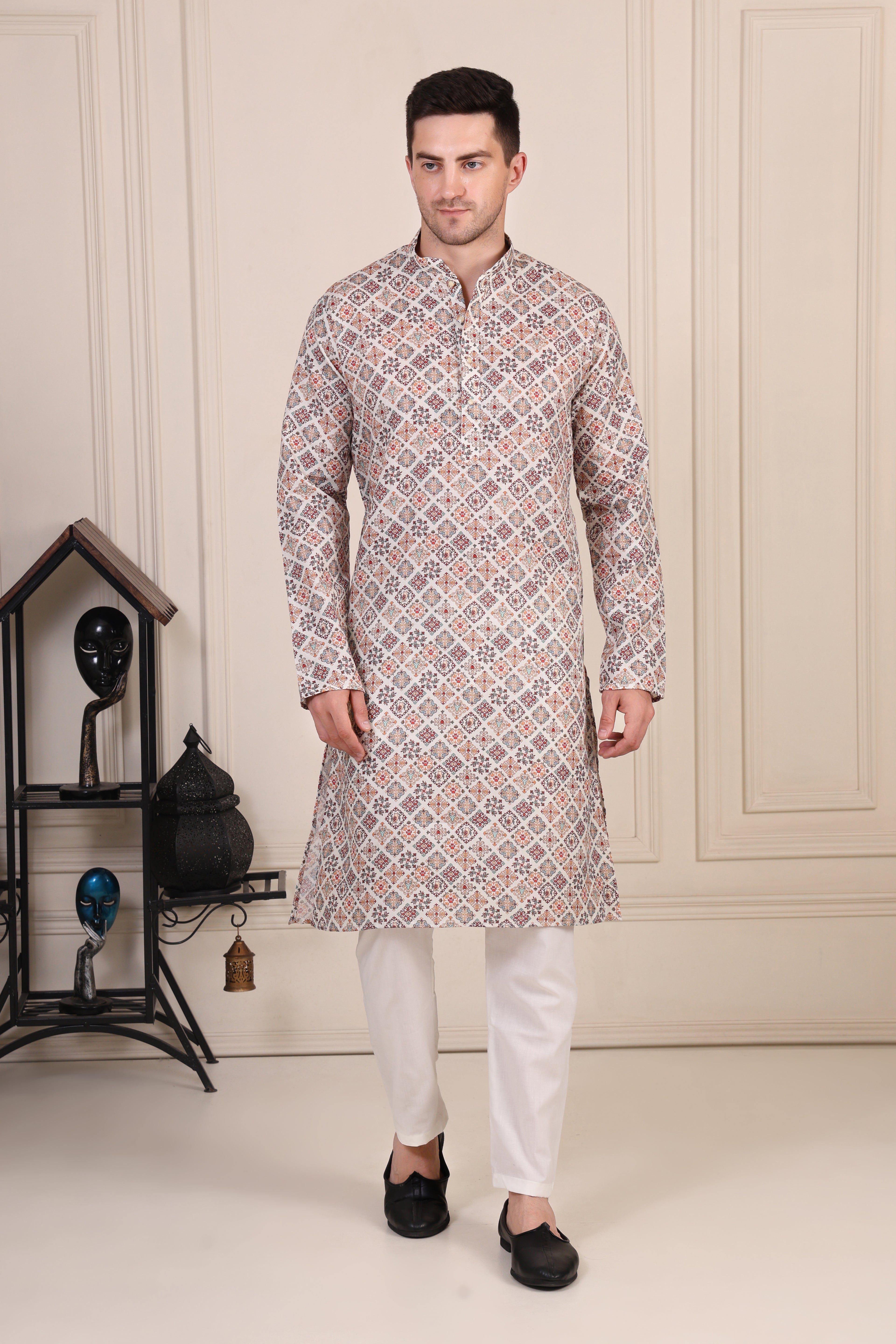 White Geometric Tile Print Cotton Kurta Set with White Pajama
