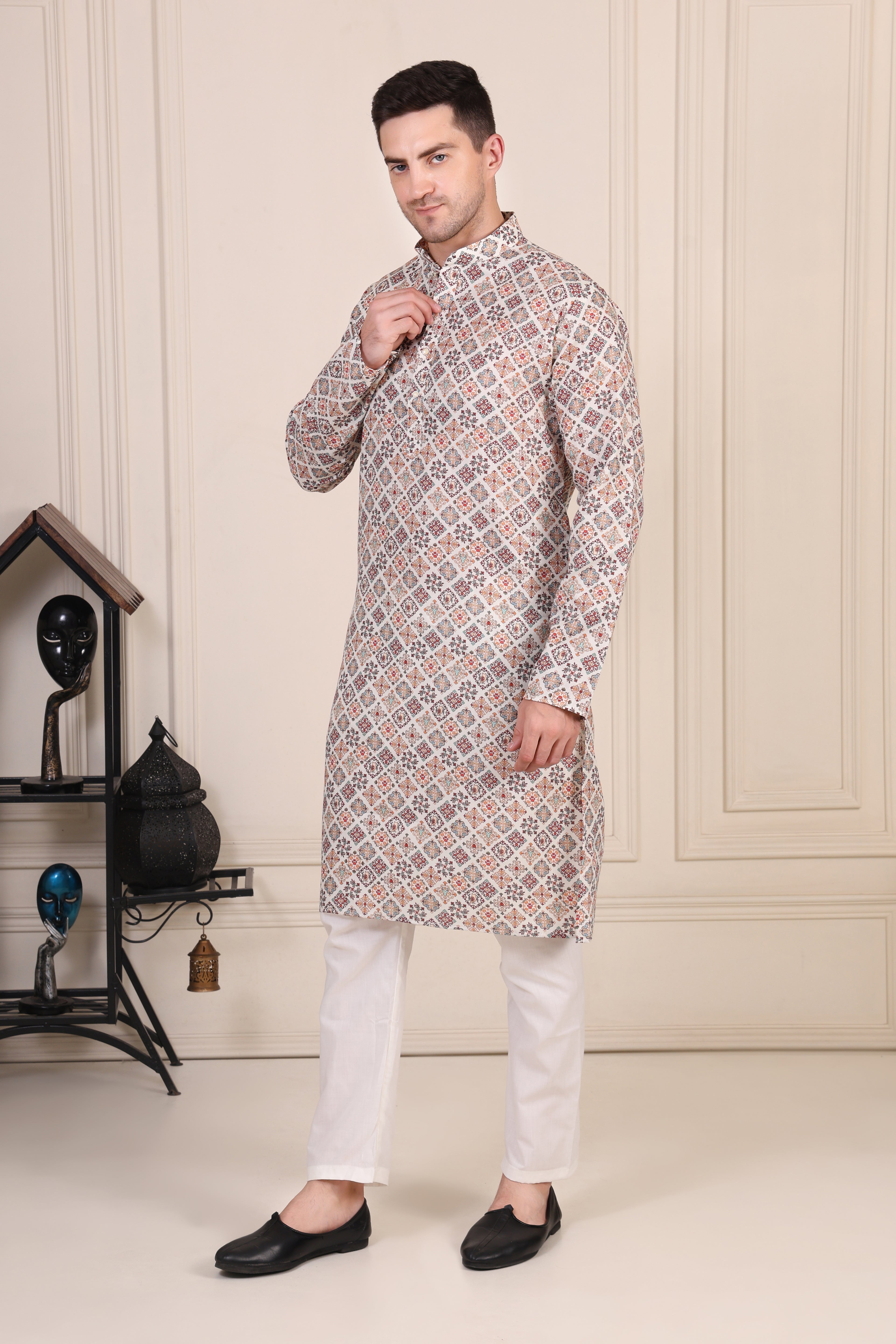 White Geometric Tile Print Cotton Kurta Set with White Pajama