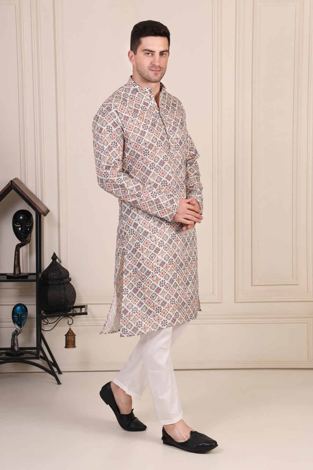 White Geometric Tile Print Cotton Kurta Set with White Pajama