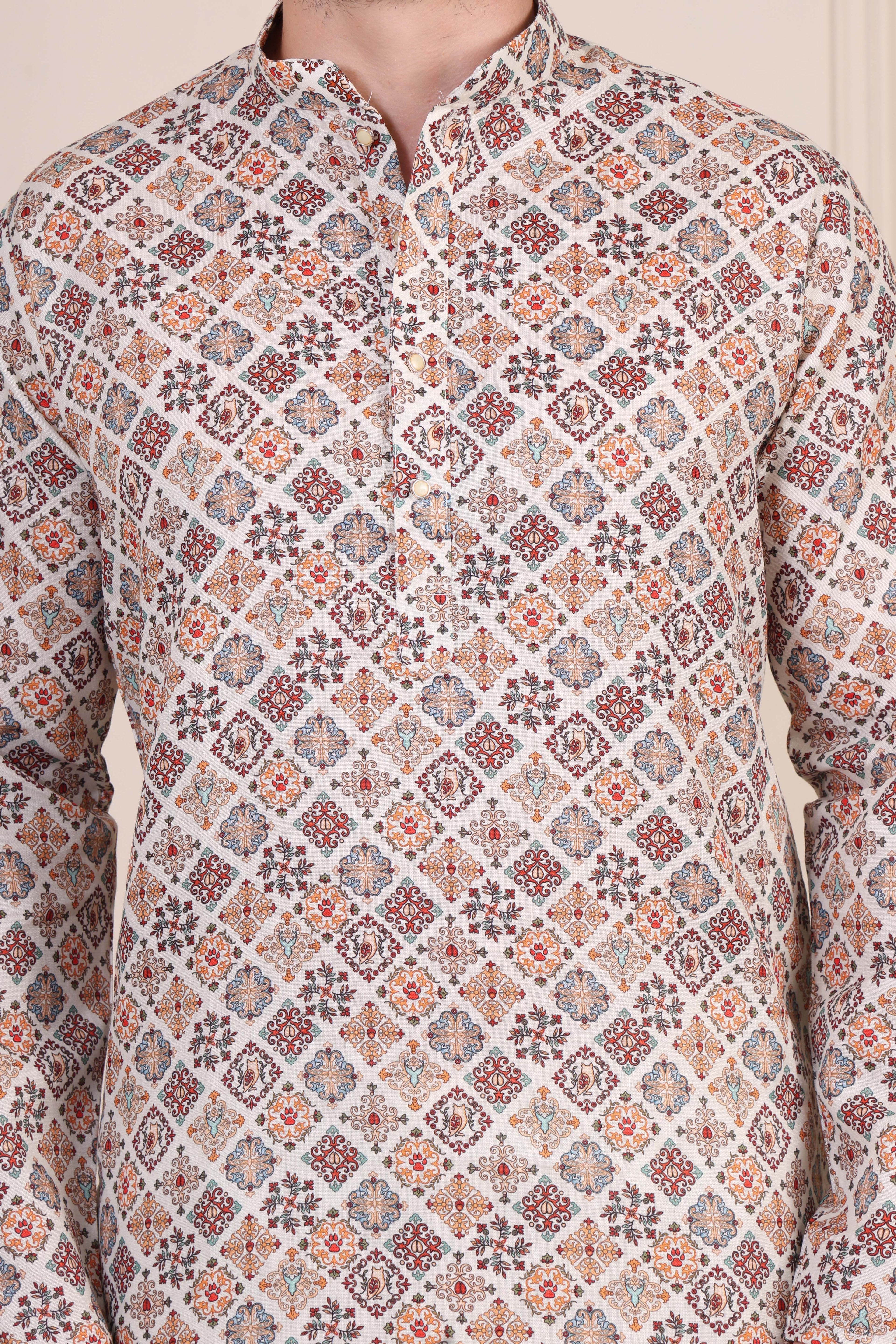 White Geometric Tile Print Cotton Kurta Set with White Pajama