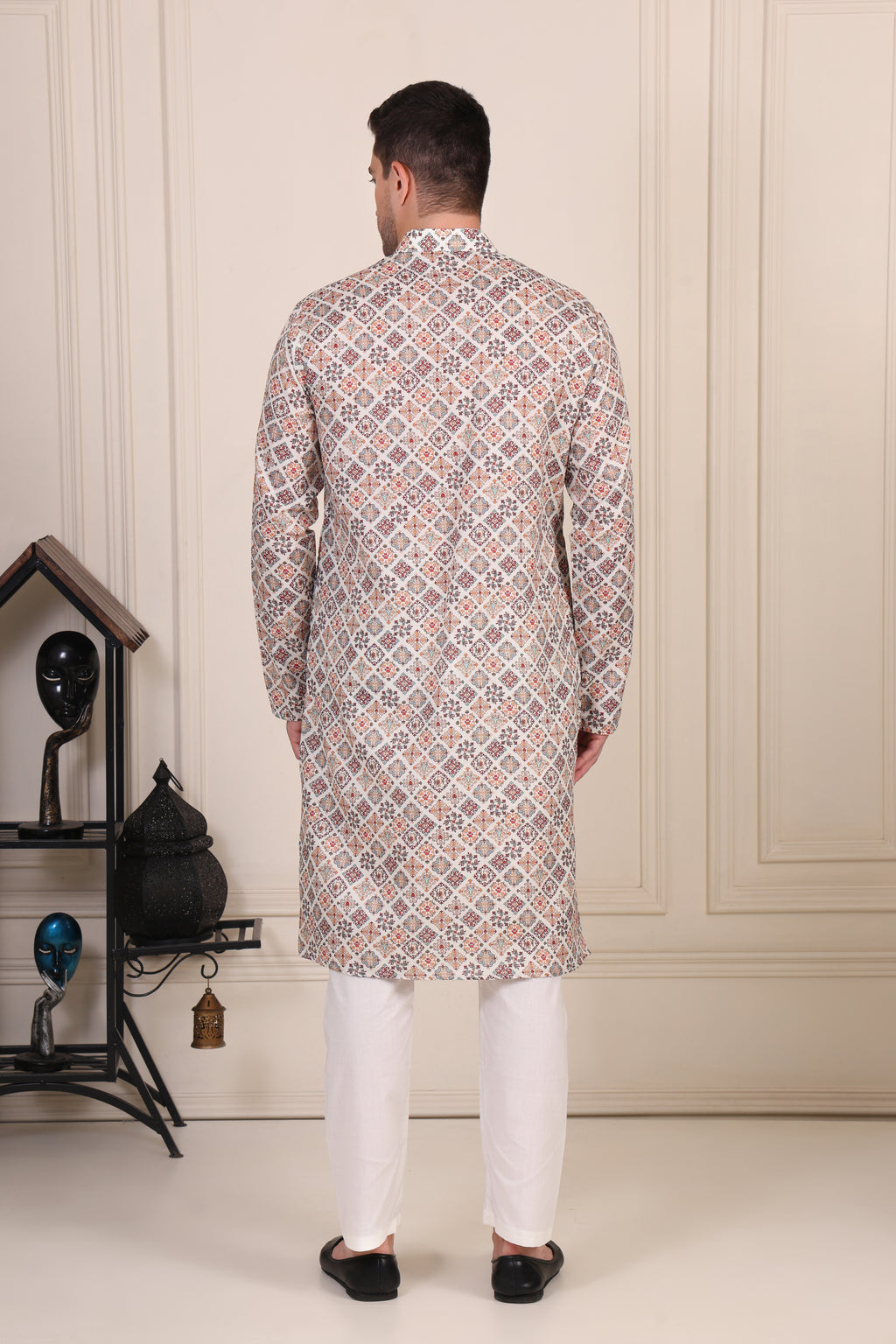 White Geometric Tile Print Cotton Kurta Set with White Pajama