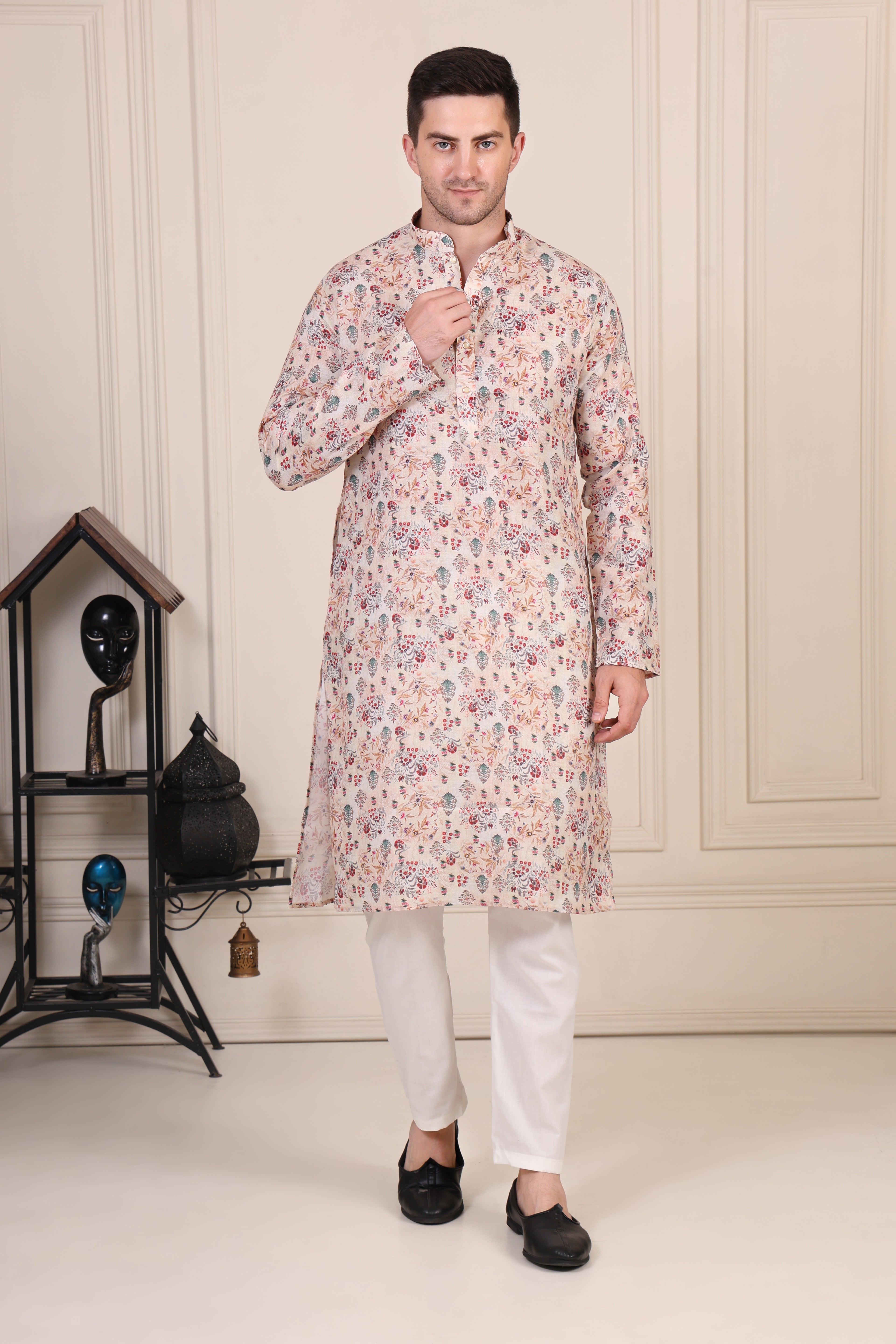 Beige Floral Printed Cotton Kurta Set with White Pajama