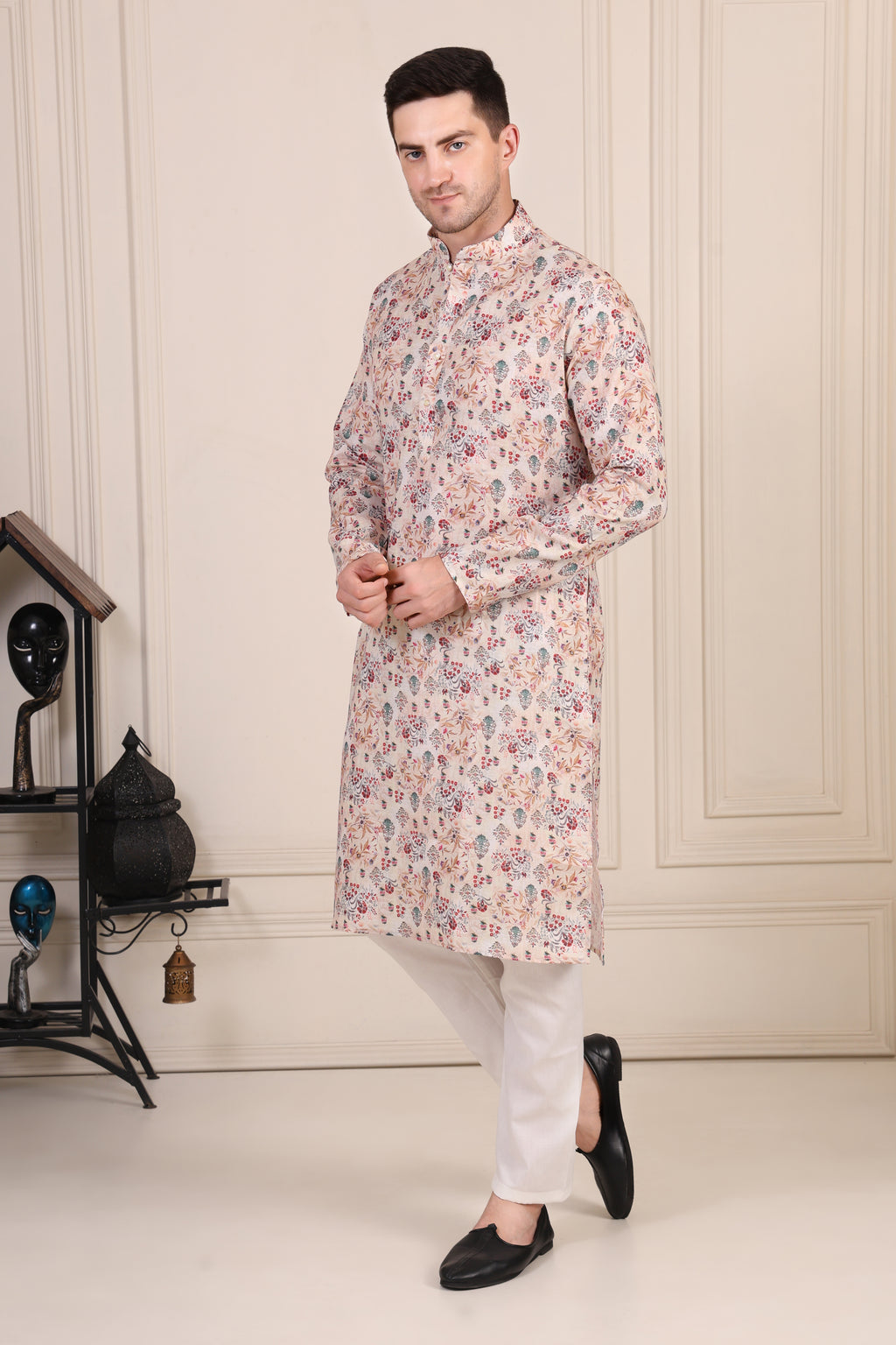 Beige Floral Printed Cotton Kurta Set with White Pajama