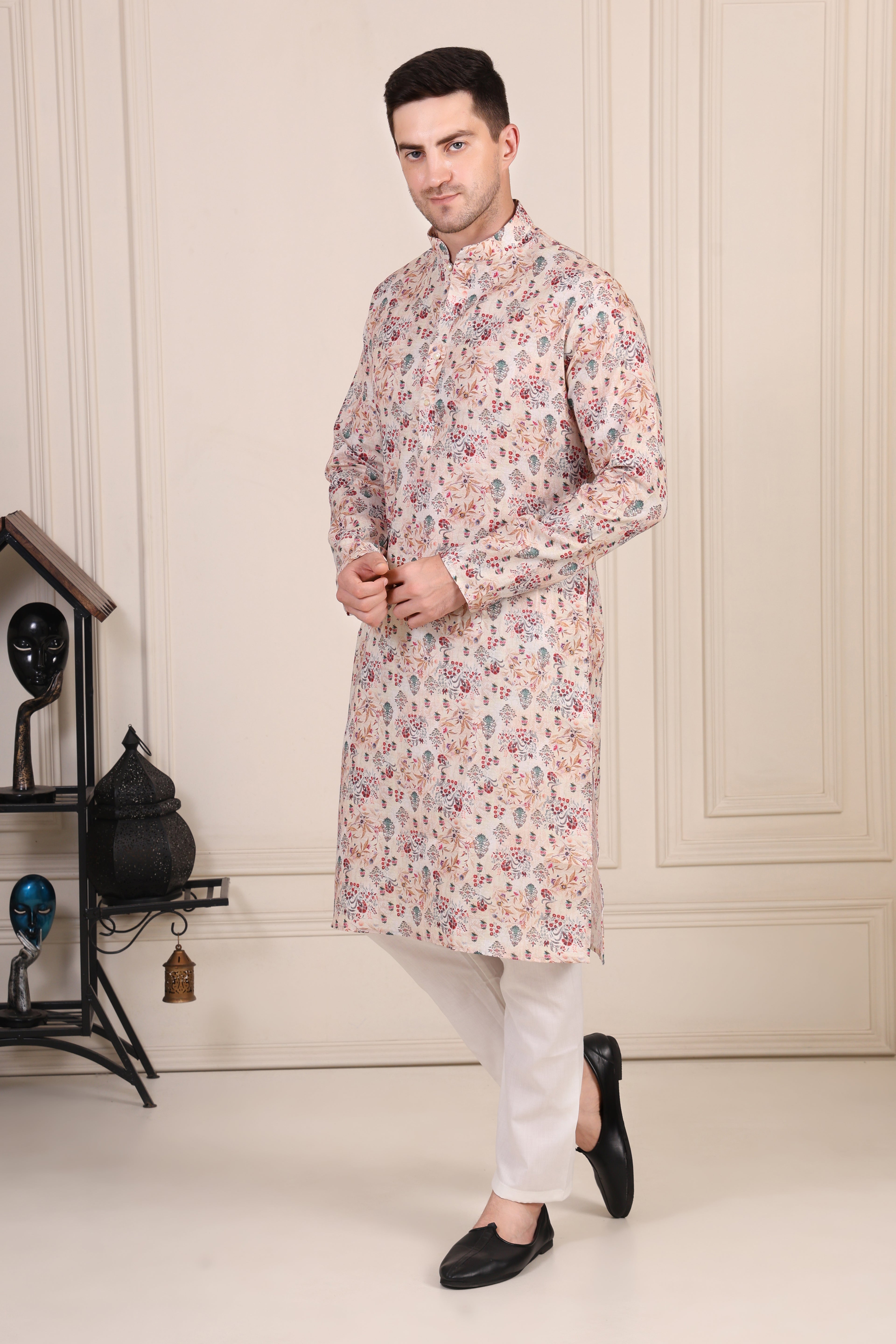 Beige Floral Printed Cotton Kurta Set with White Pajama