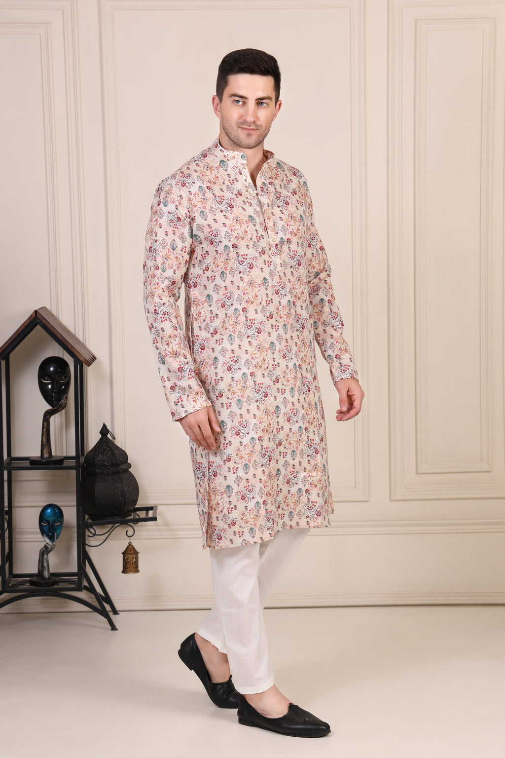 Beige Floral Printed Cotton Kurta Set with White Pajama
