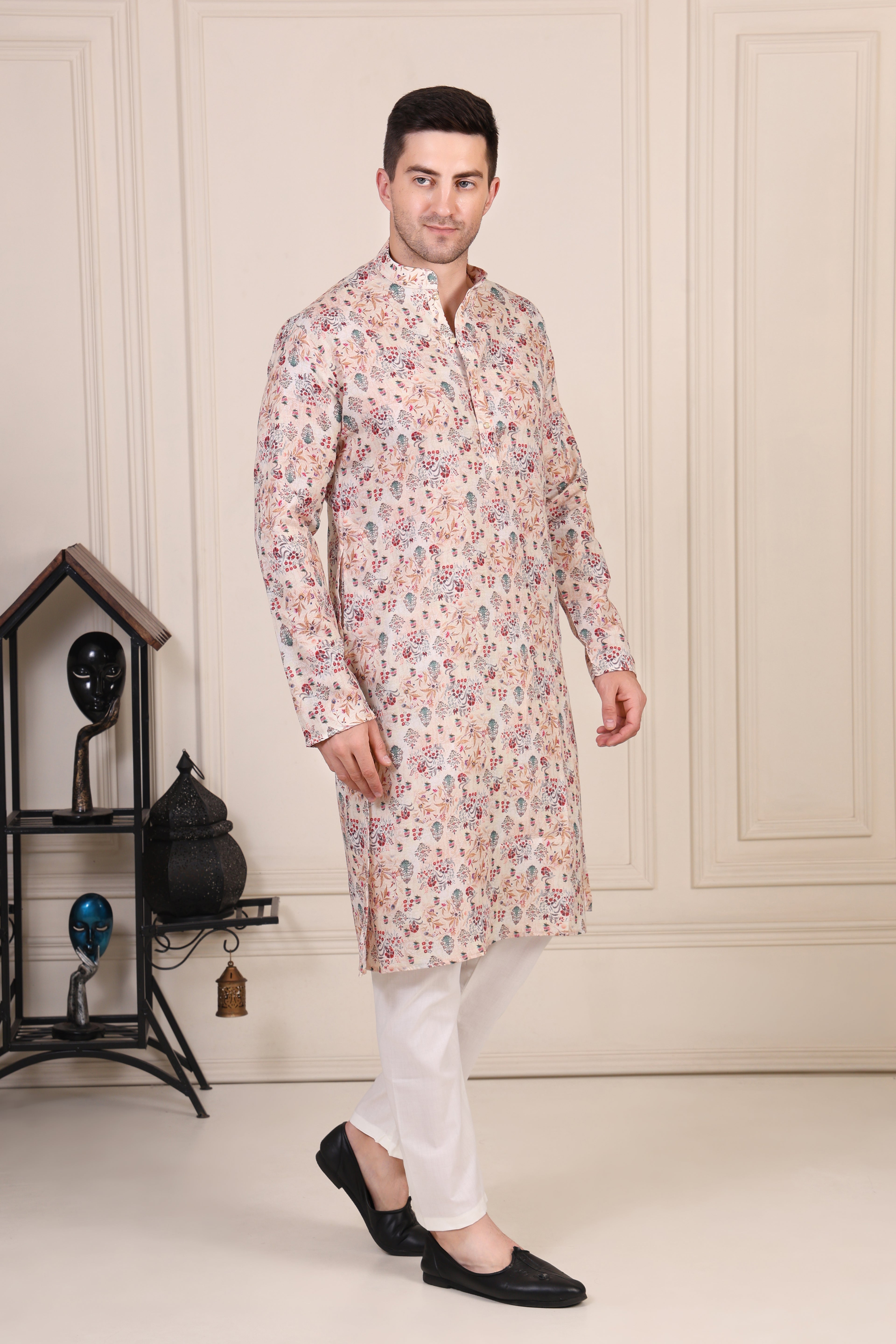 Beige Floral Printed Cotton Kurta Set with White Pajama