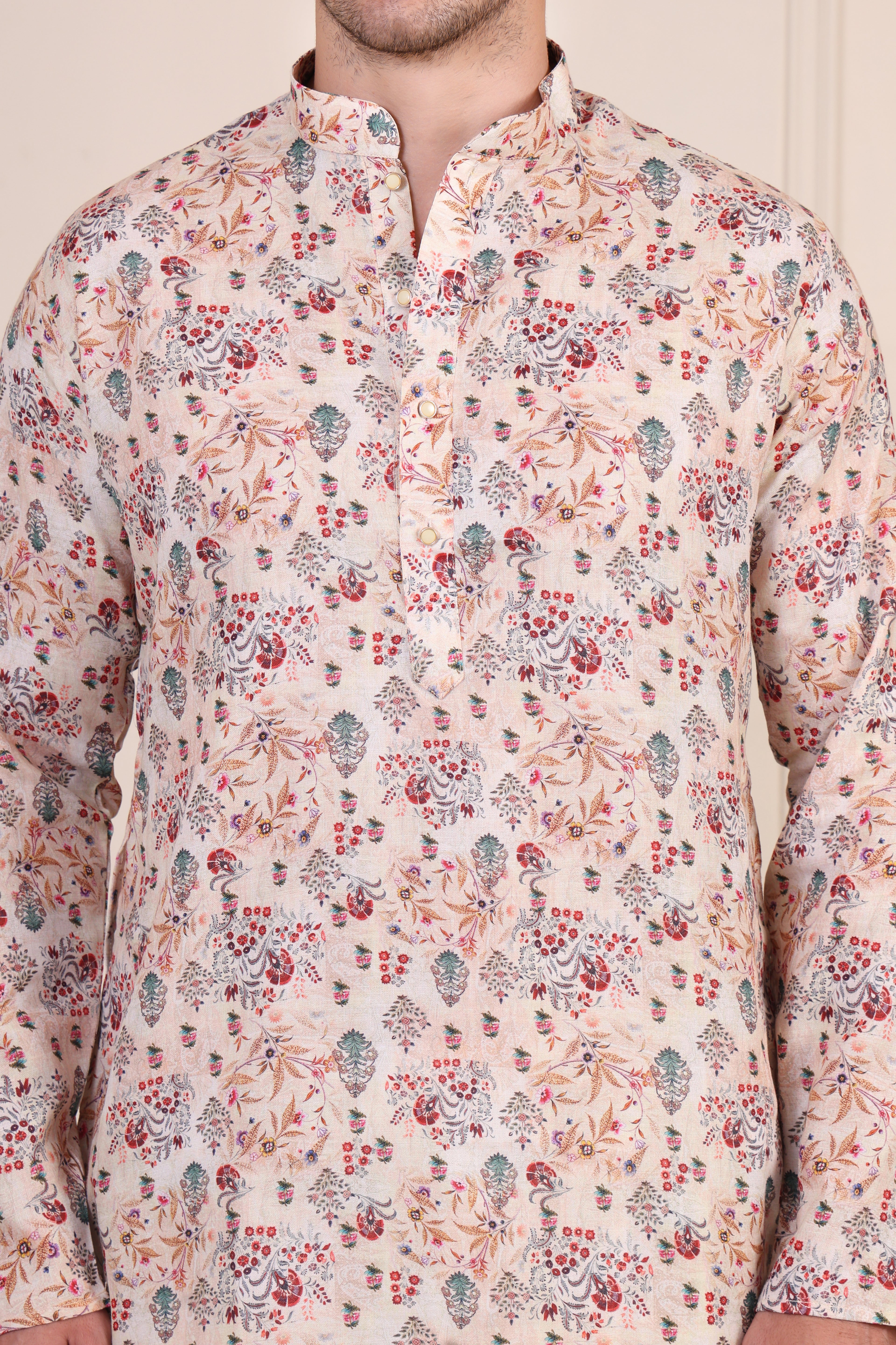 Beige Floral Printed Cotton Kurta Set with White Pajama