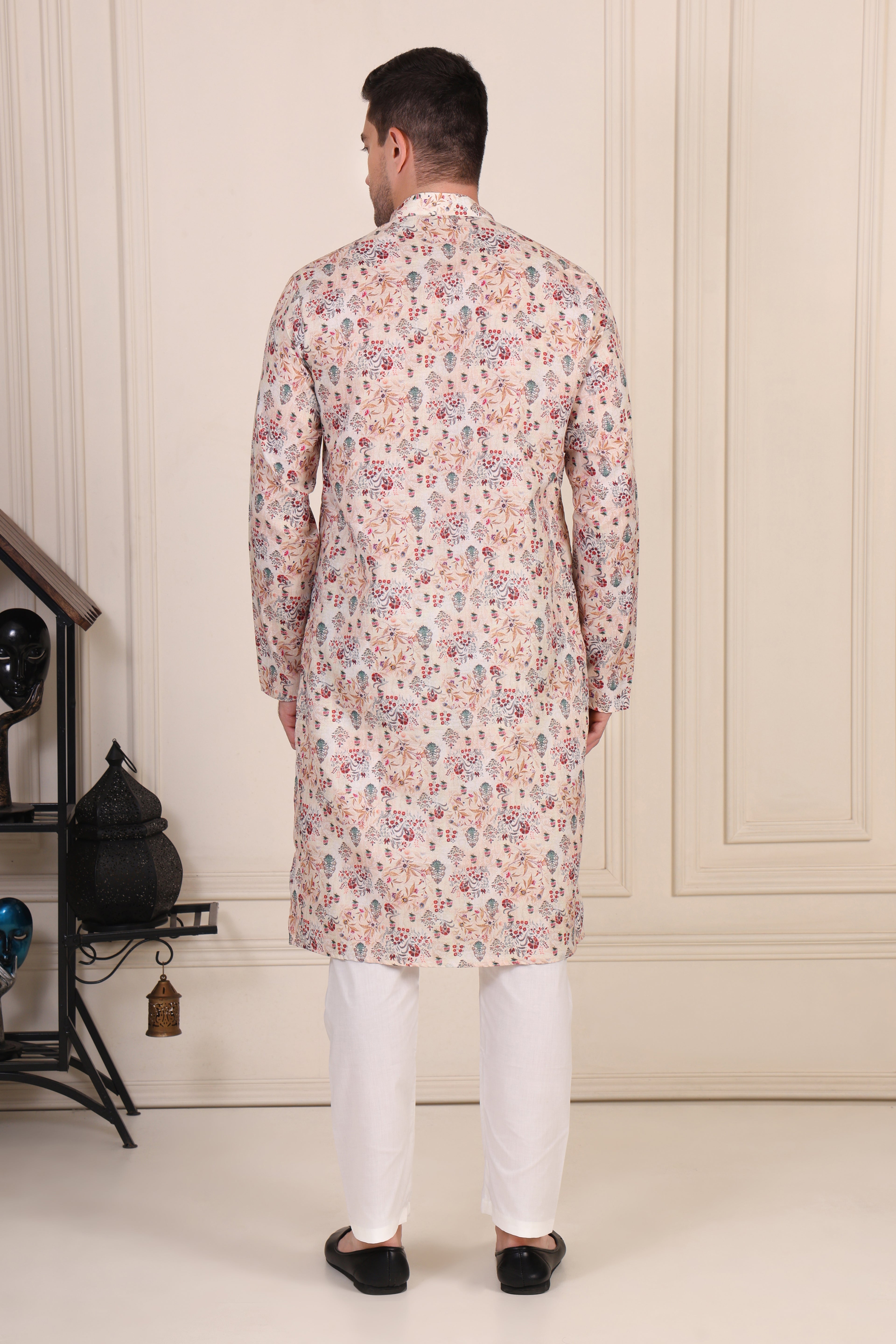 Beige Floral Printed Cotton Kurta Set with White Pajama