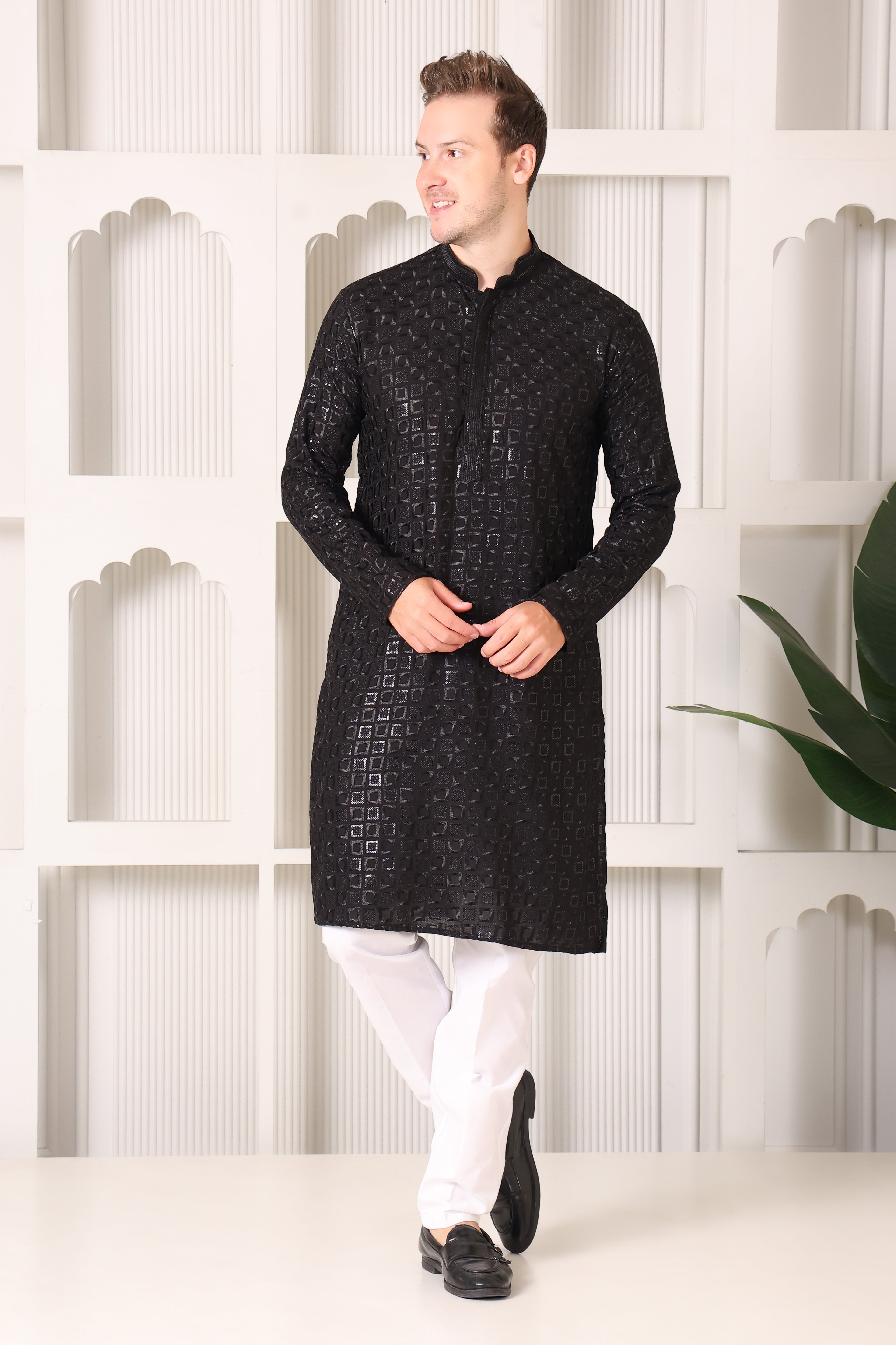 Black Ikat Textured Kurta with White Pajama Set