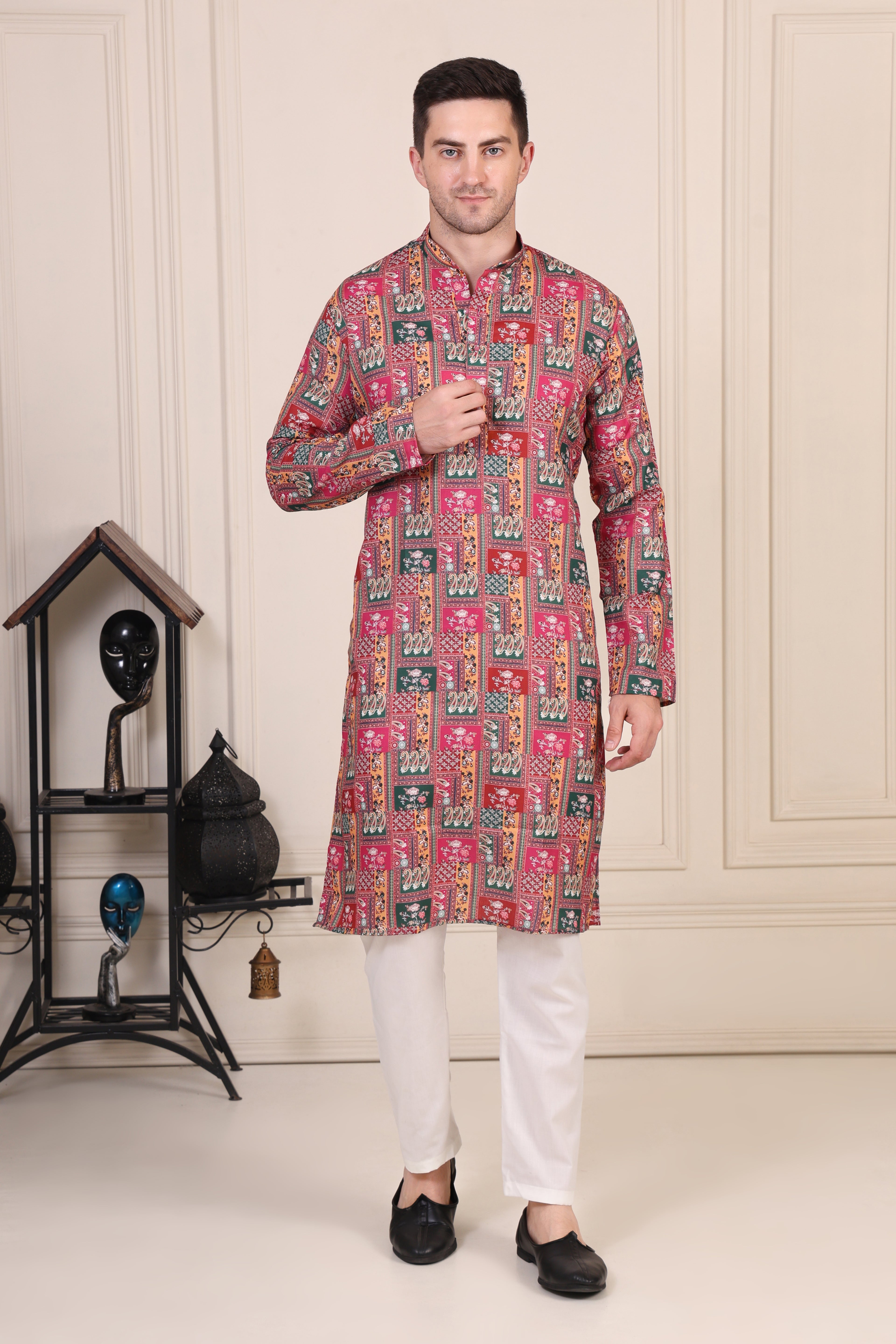 Multicolor Patchwork Printed Cotton Kurta Set with White Pajama